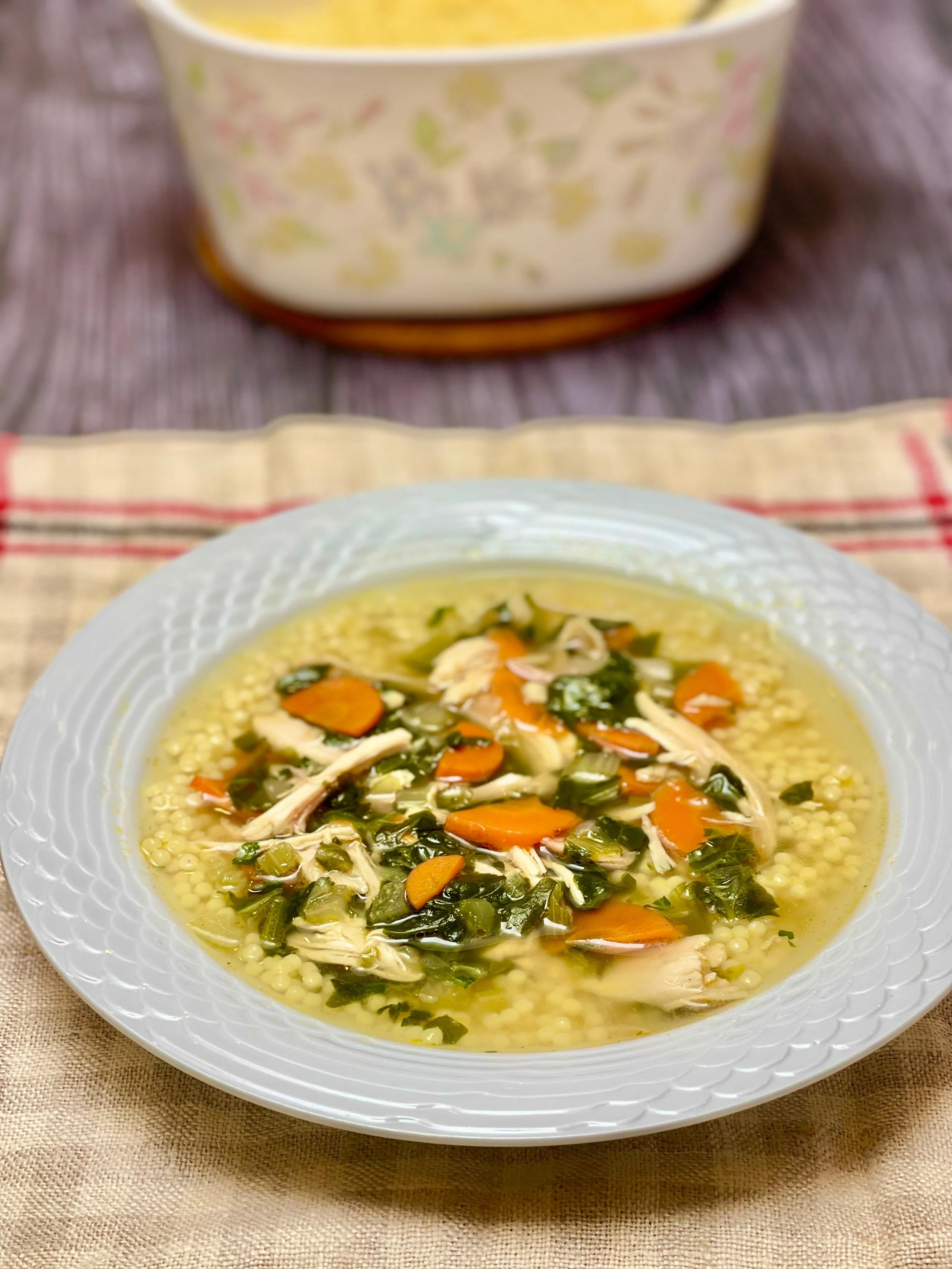 Bowl of Rotisserie Chicken Soup with ancini de pepe
