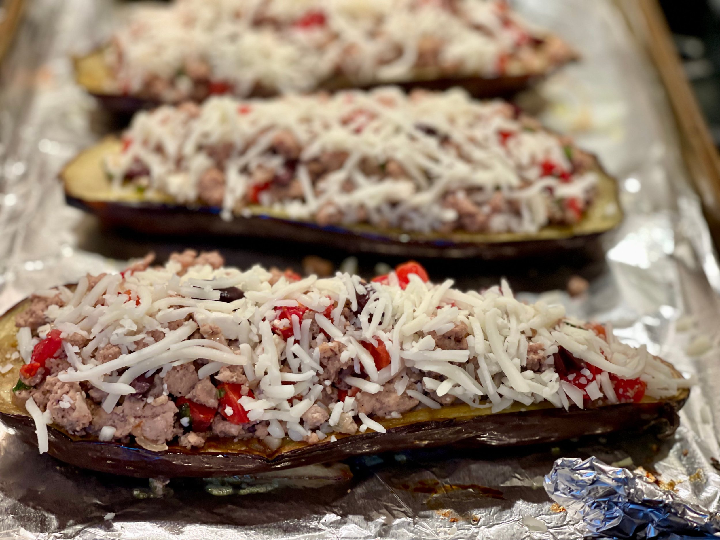Stuffed eggplant topped with mozzarella
