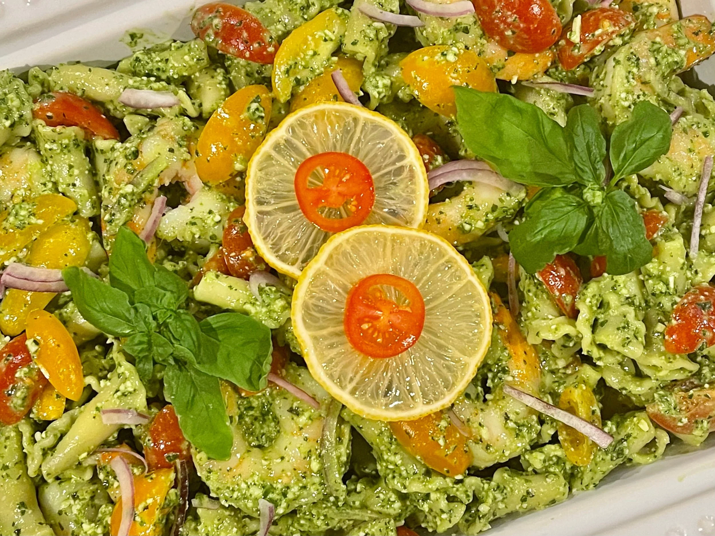 Garnished Pesto Shrimp Pasta Salad