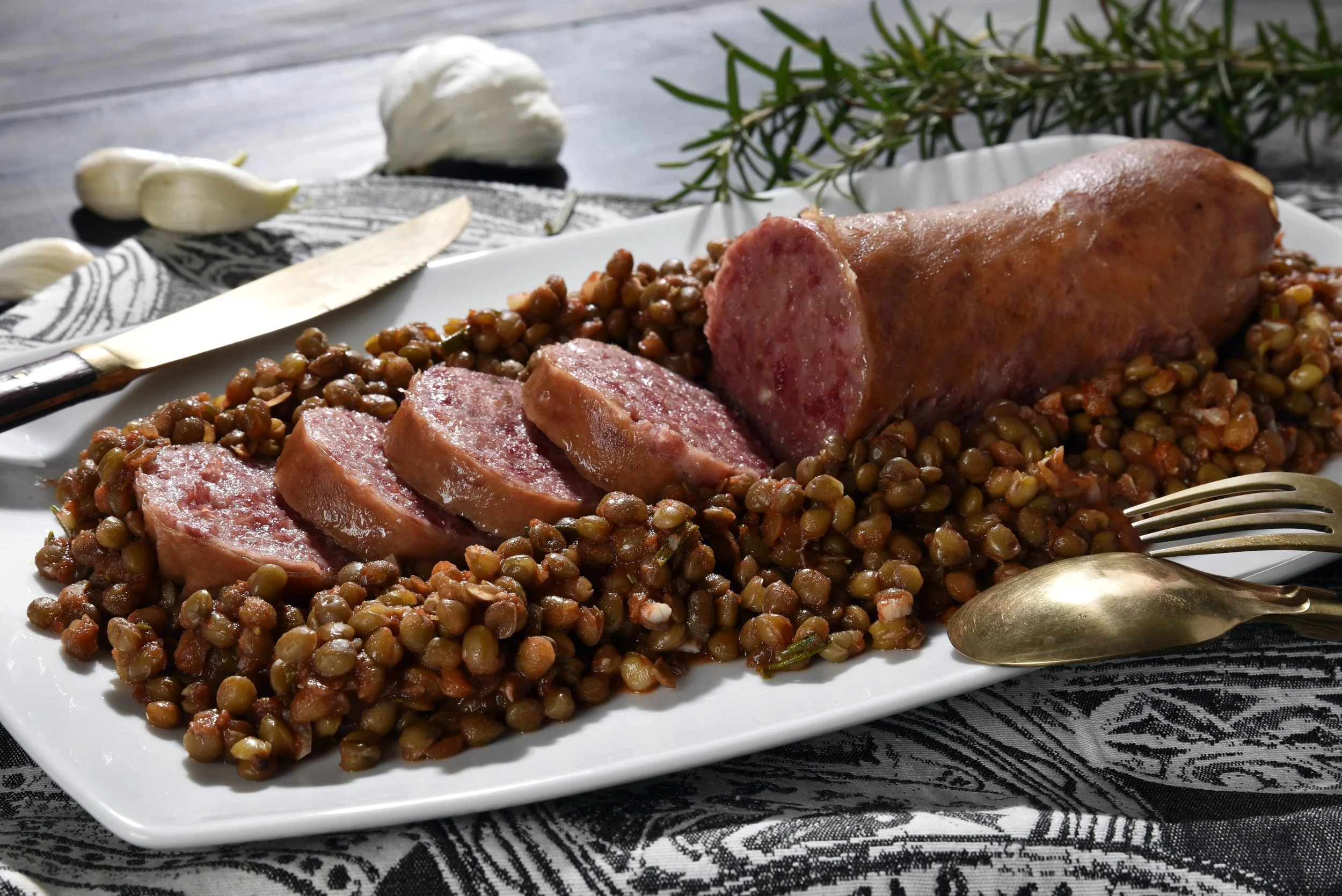 Traditional sausage and lentils for New Years Eve