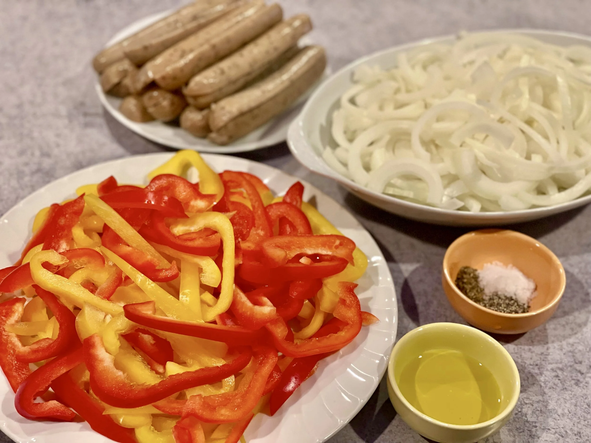 Ingredients for sausages and peppers