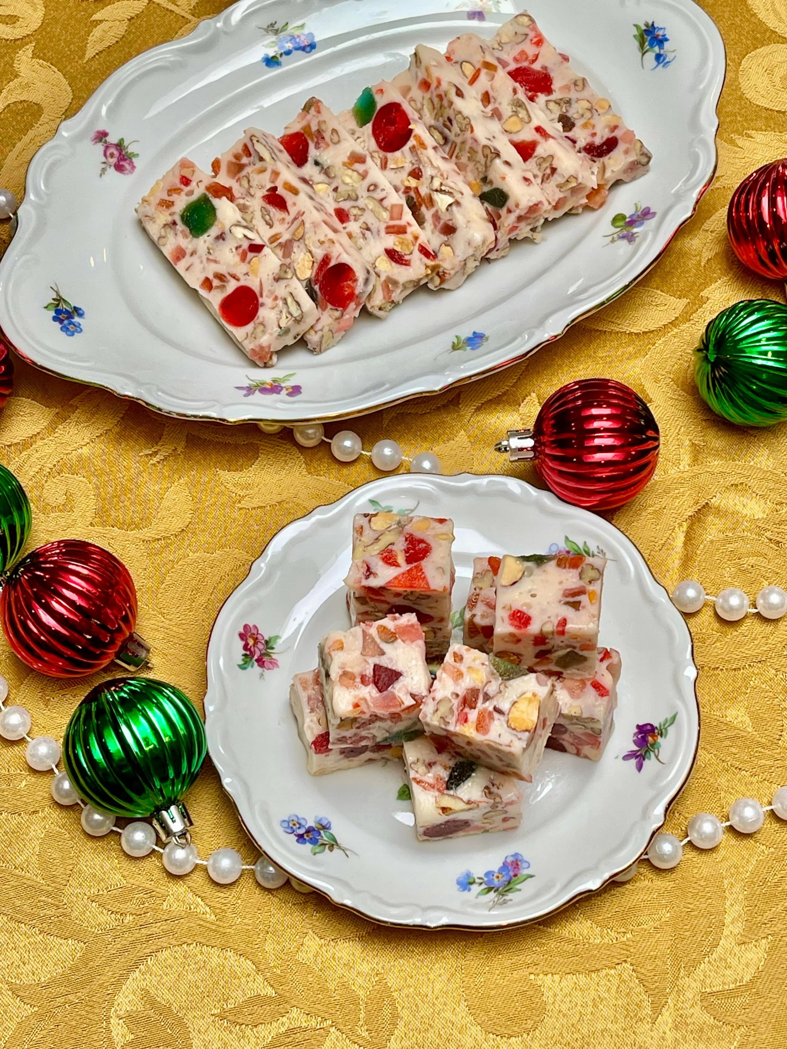 Fruitcake Fudge cut in slabs and fudge cubes