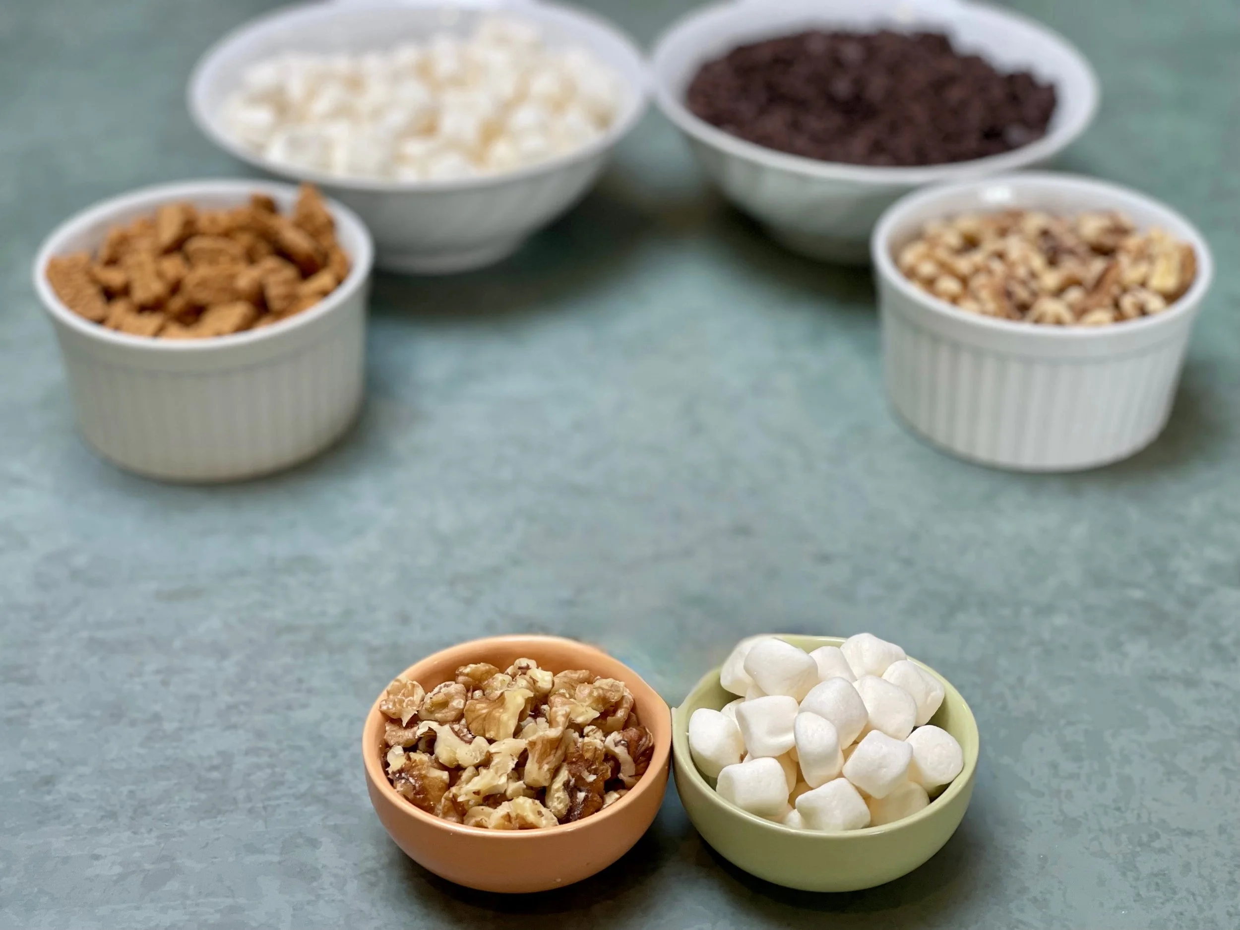 Toppings portioned for Rocky Road Candy recipe