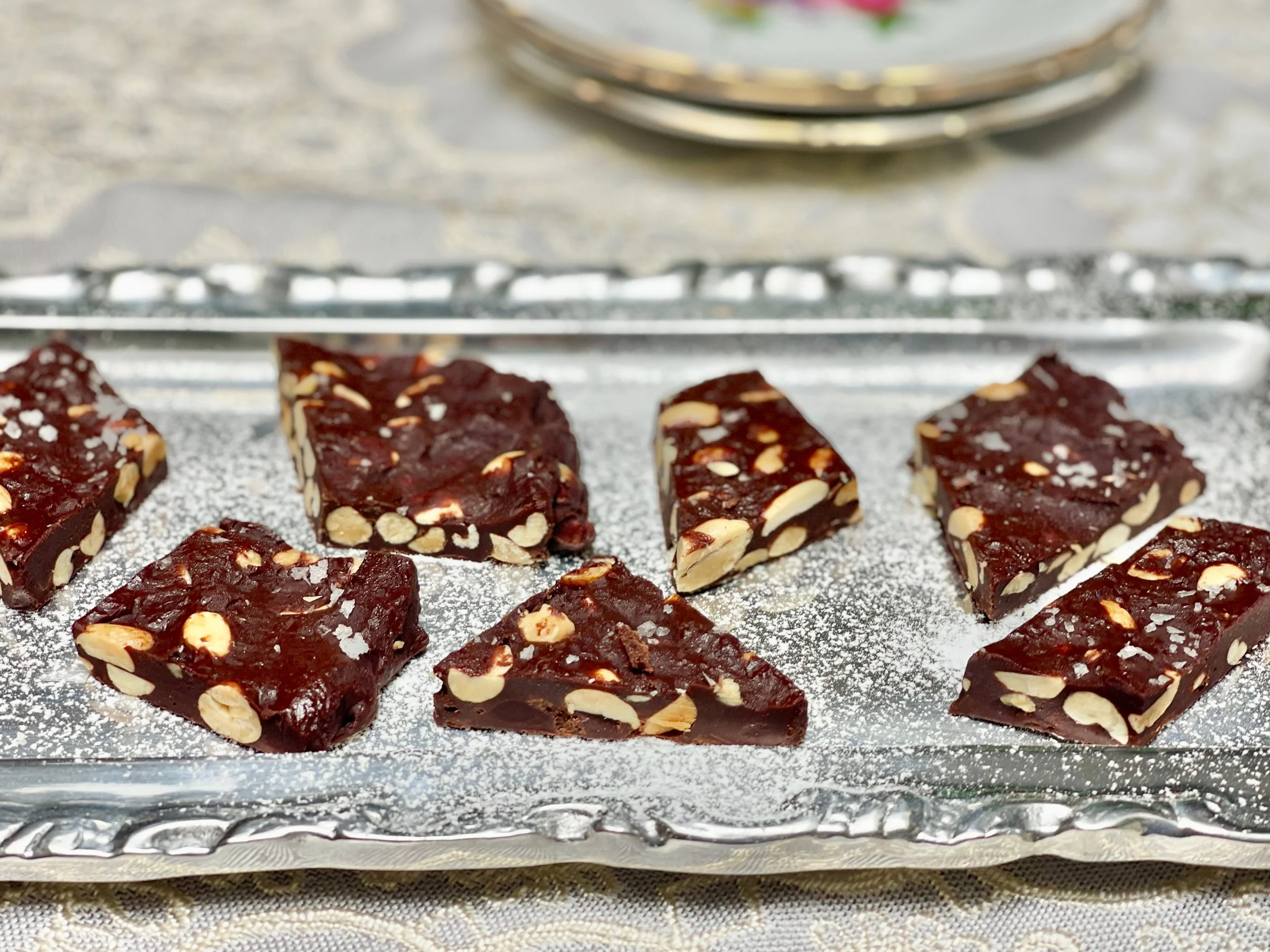 Spicy chocolate bark on a silver tray