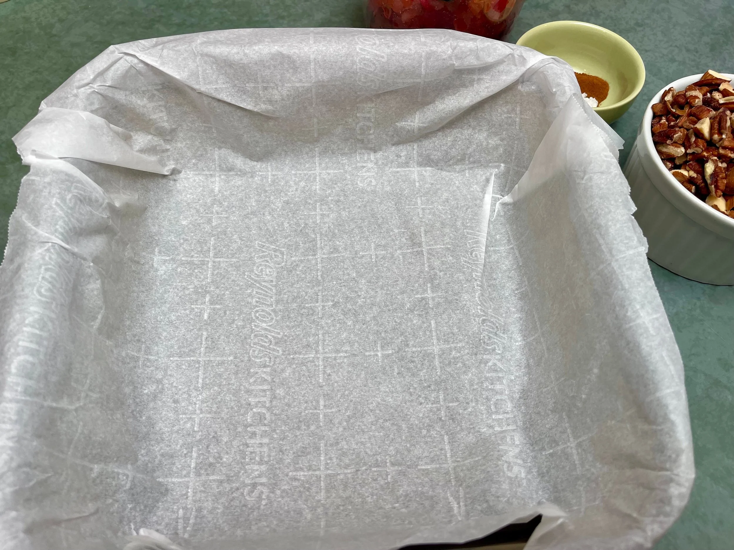 Baking dish lined with parchment paper