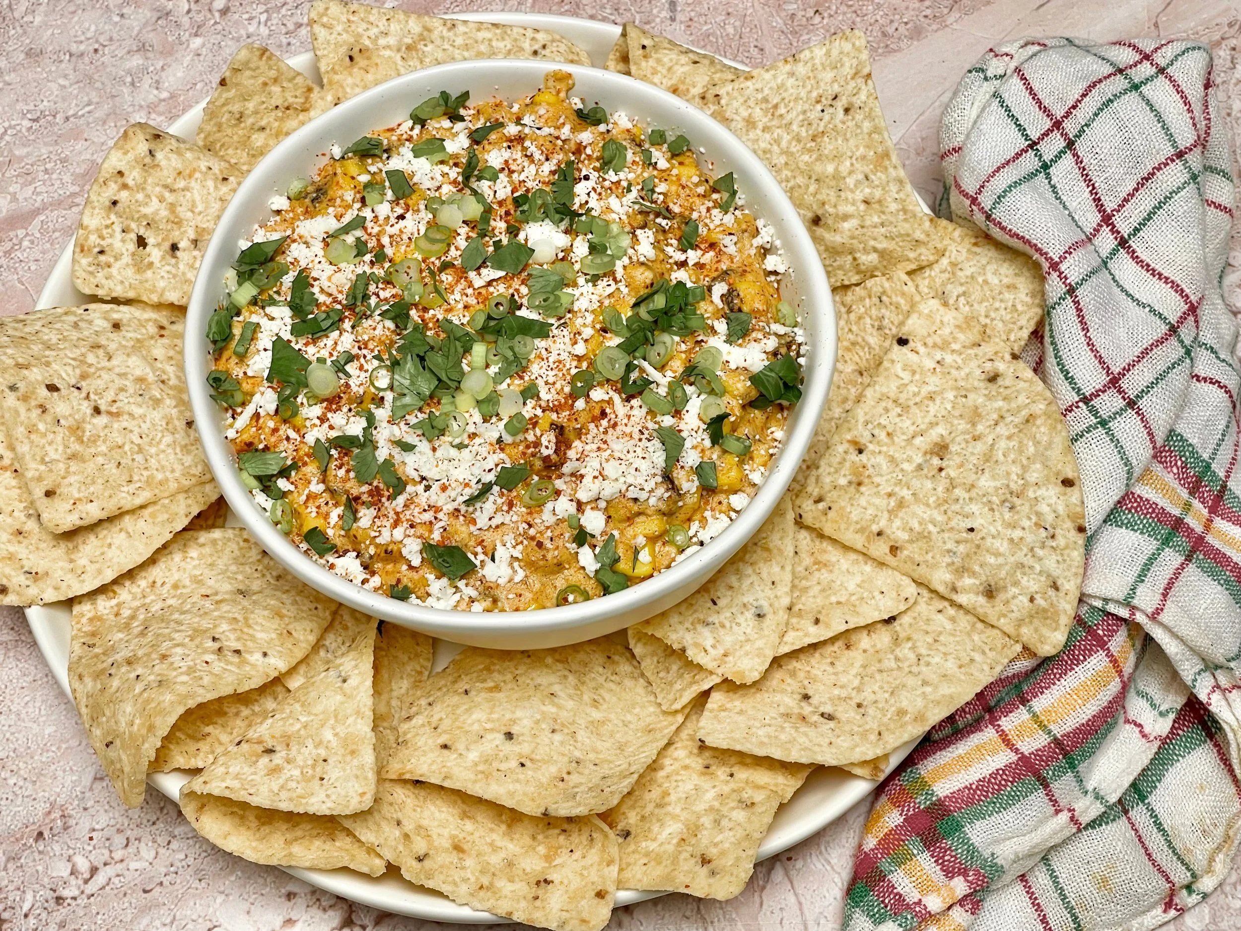 Mexican Street Corn Dip served with tortilla chips