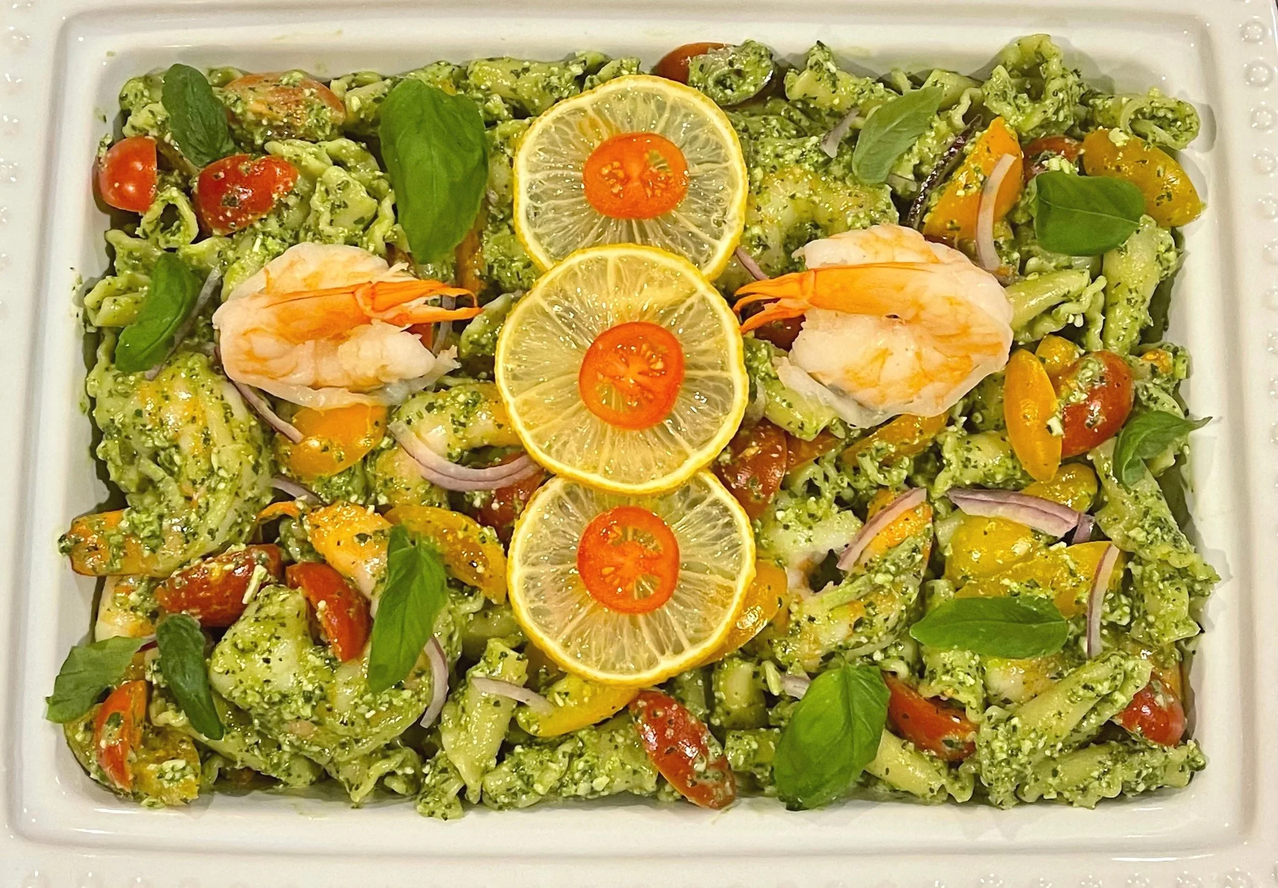 Pesto shrimp pasta salad with fancy shrimp on top