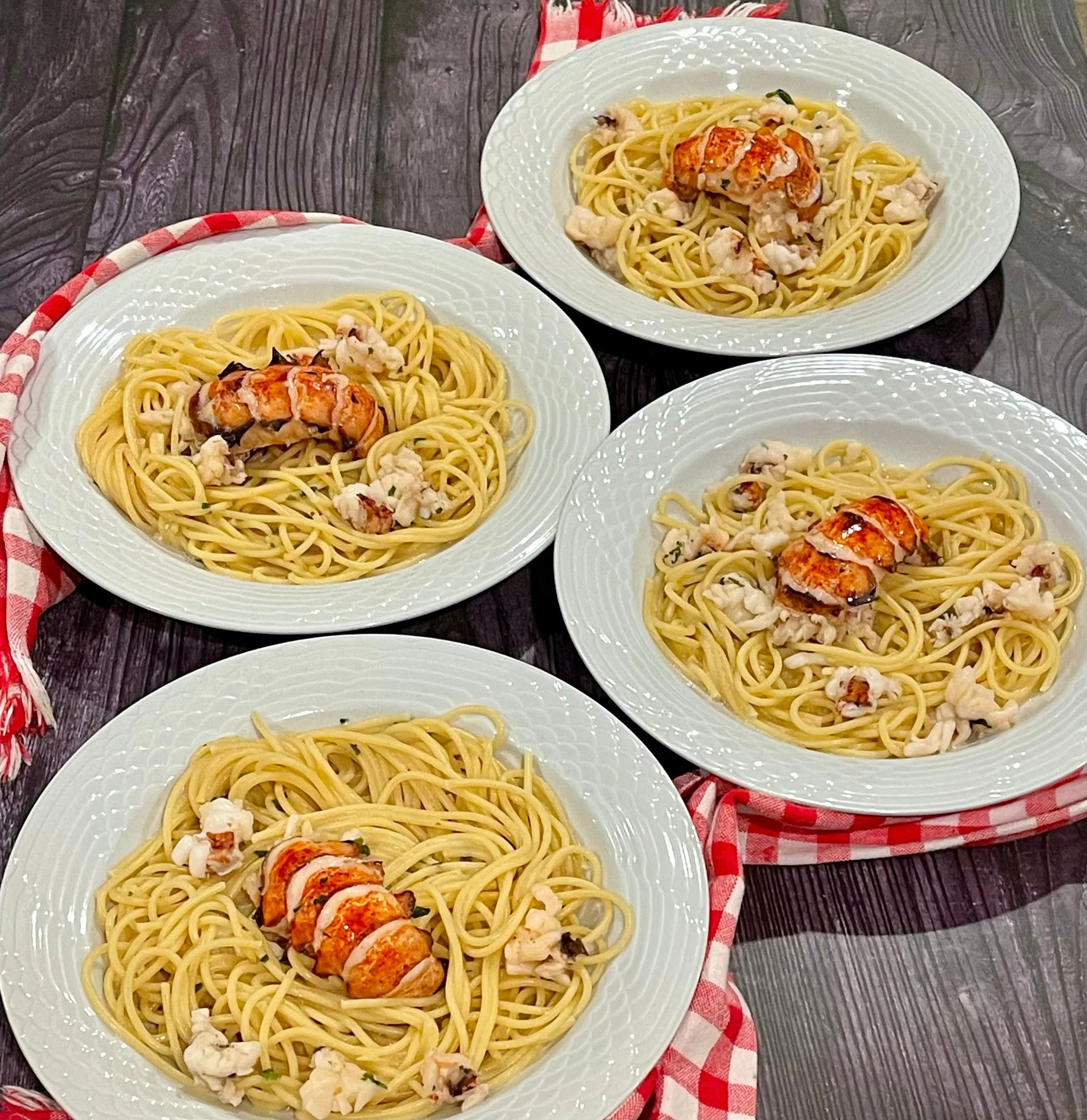 Lobster pasta recipe complete and plated in bowls
