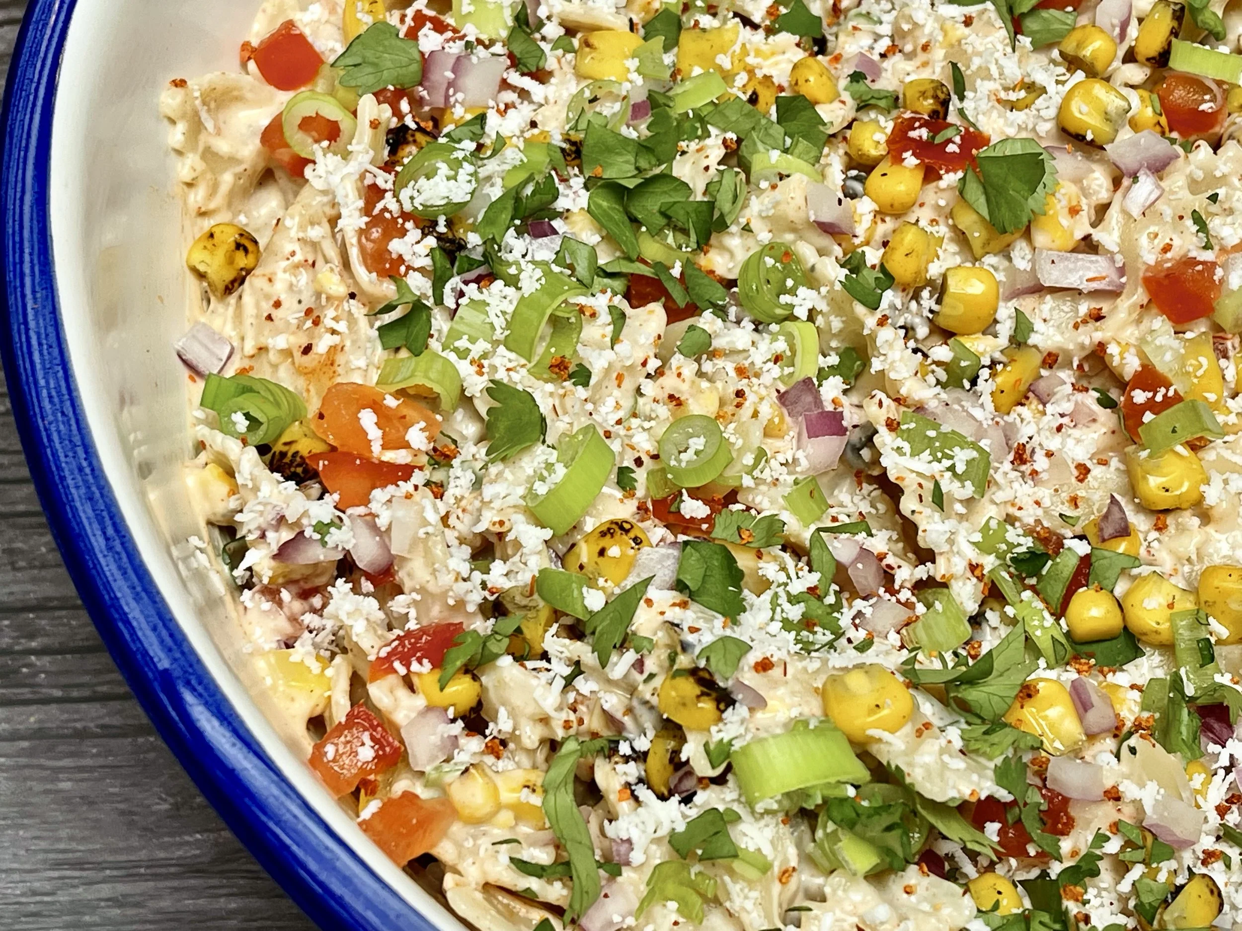 Big bowl of Mexican Street Corn Pasta Salad