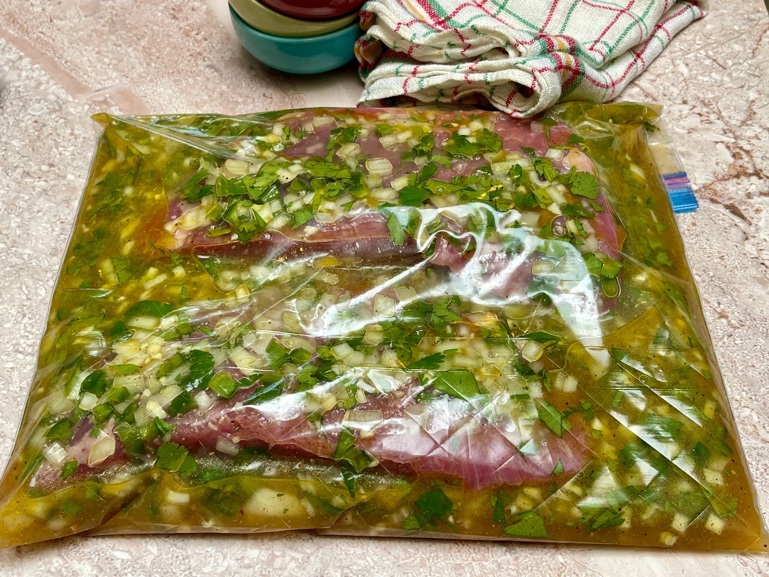 Marinating carne asada in a ziplock baggie