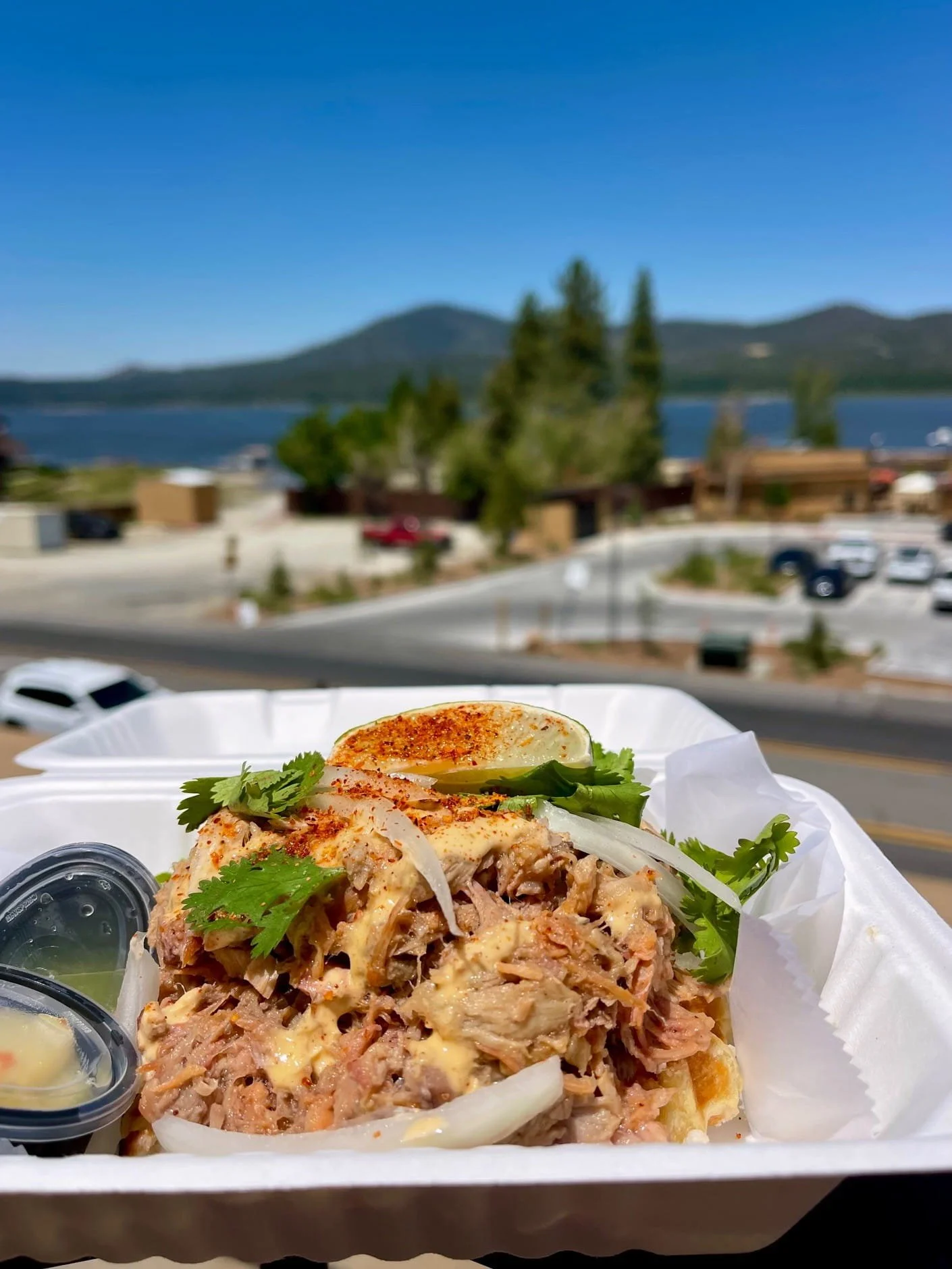 Pulled pork and a view of Big Bear Lake at Tropicali