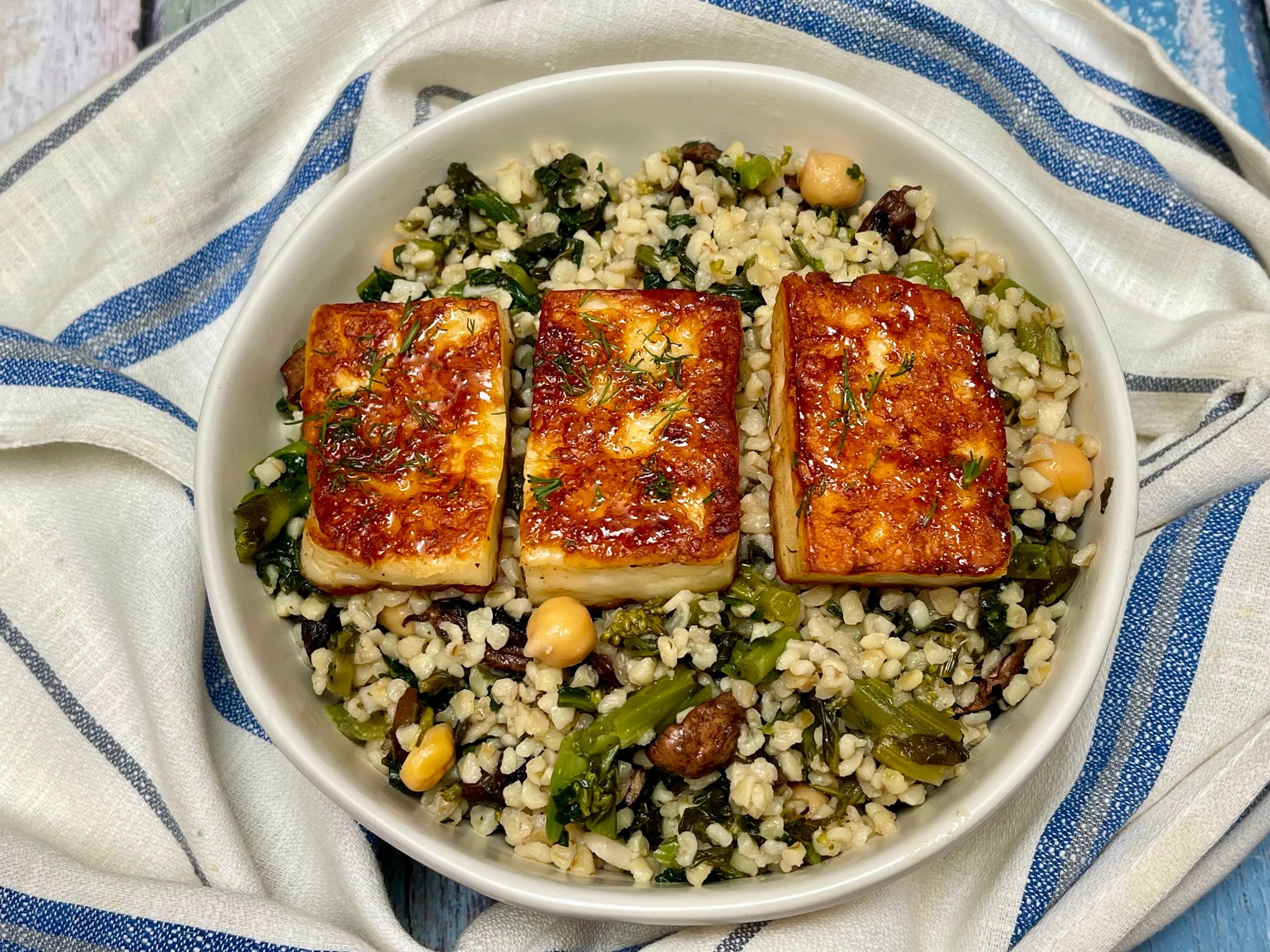 Hot Honey Halloumi on a grain bowl