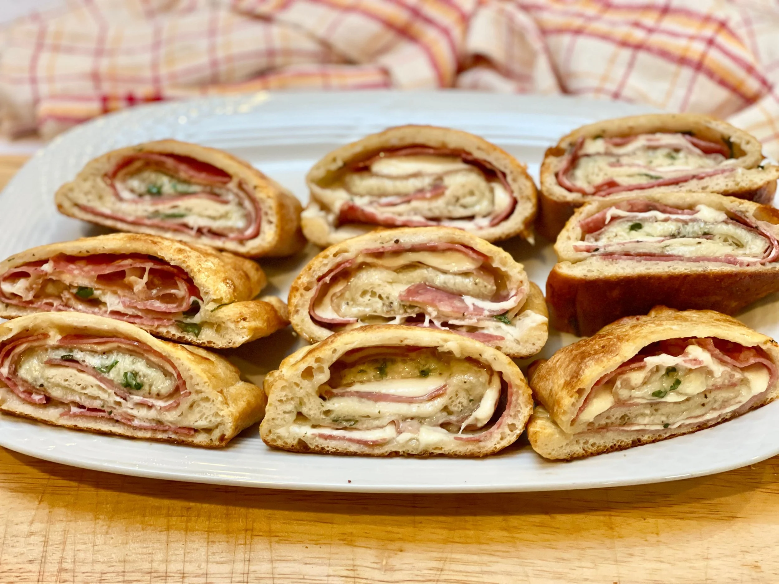 Pizza Stromboli cut into pinwheels