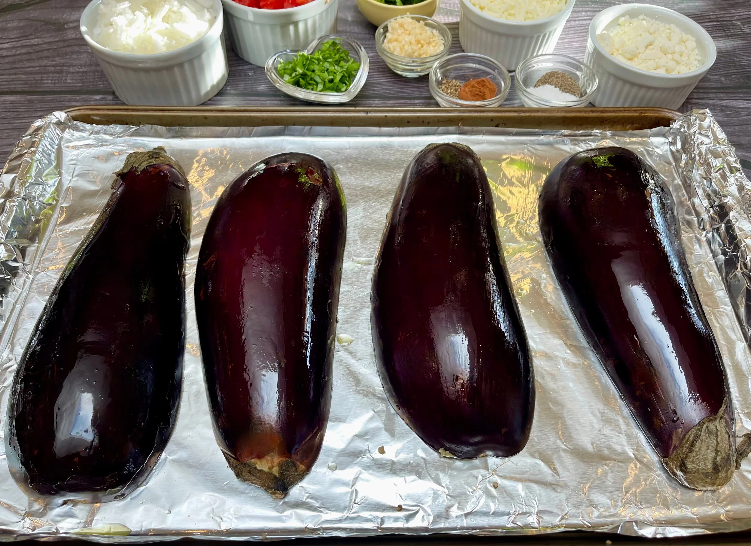 Eggplant on sheet pan ready for the oven