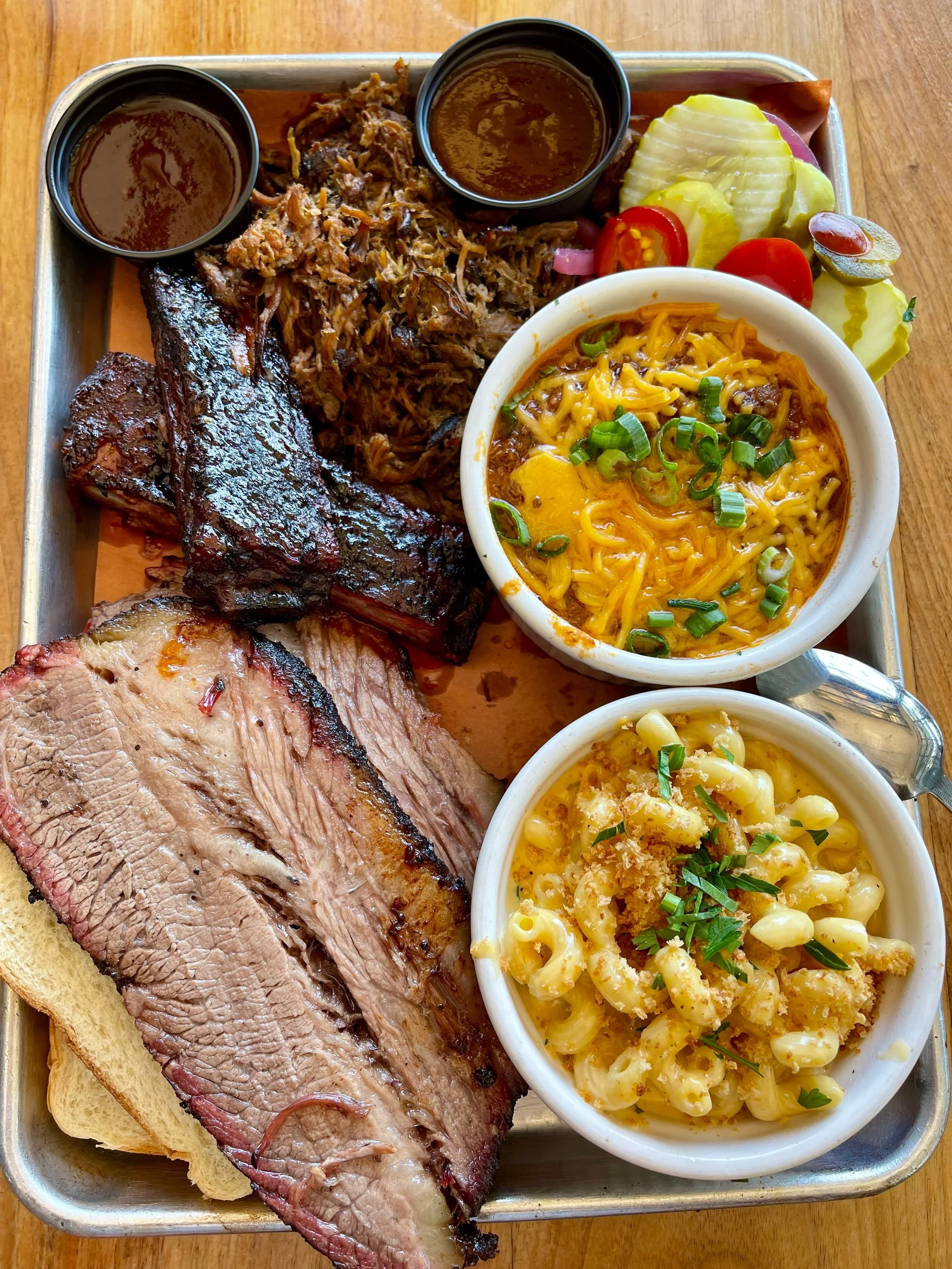 My Texas barbecue favorites, brisket, pork, ribs, chili, and mac n’ cheese