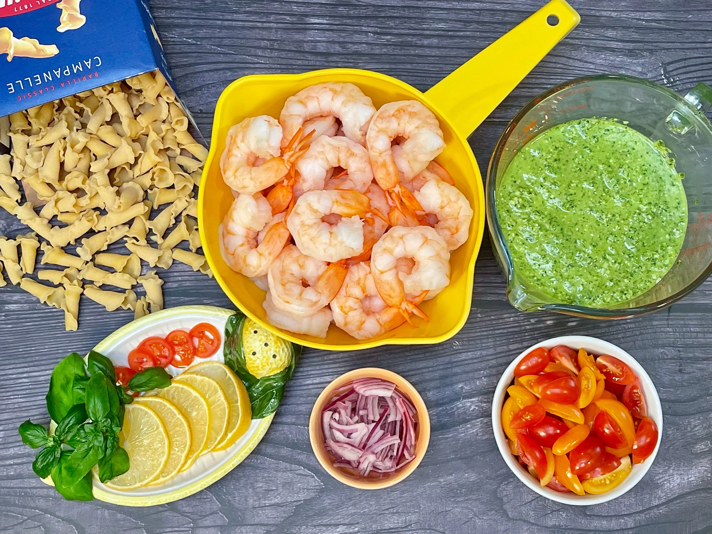 Ingredients for Pesto Shrimp Pasta Salad