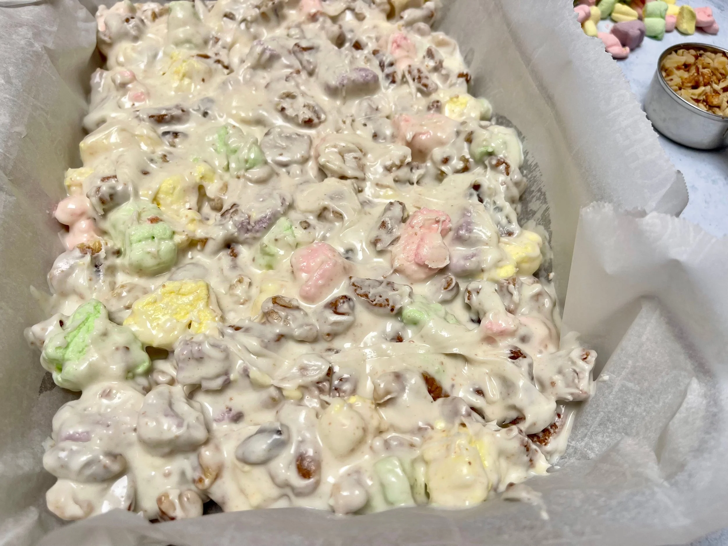 Easter rocky road mixture spread in the pan