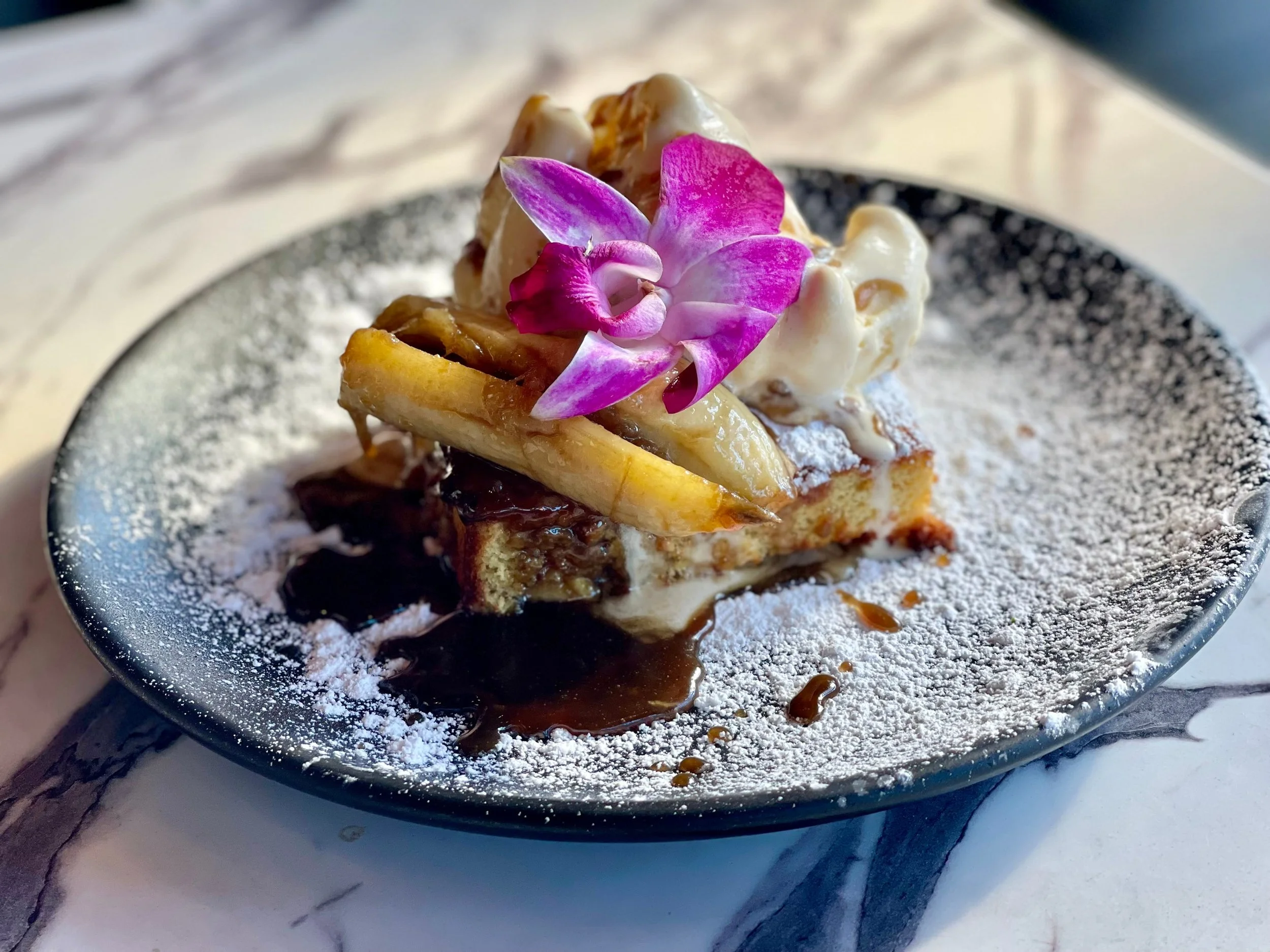 Bread pudding with a flower