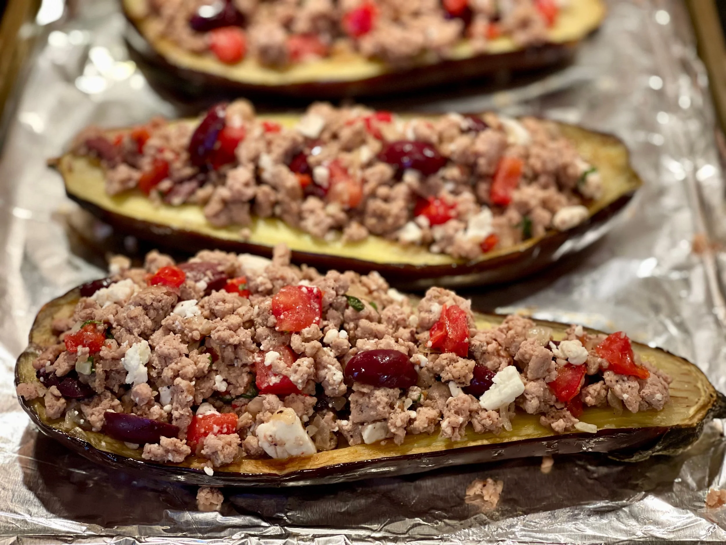 Eggplant boats stuffed with meat filling