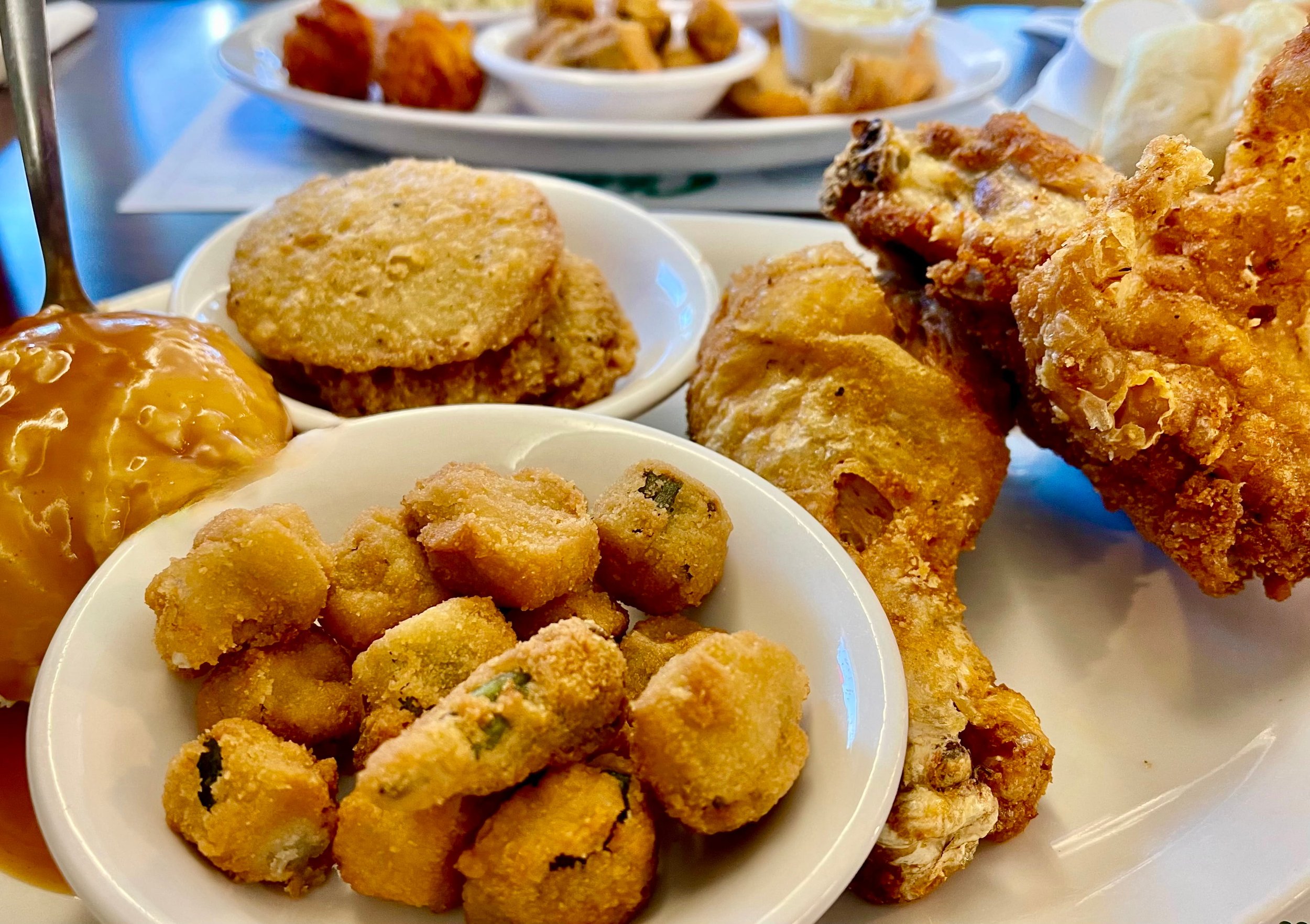 Fried Okra with a fried chicken dinner