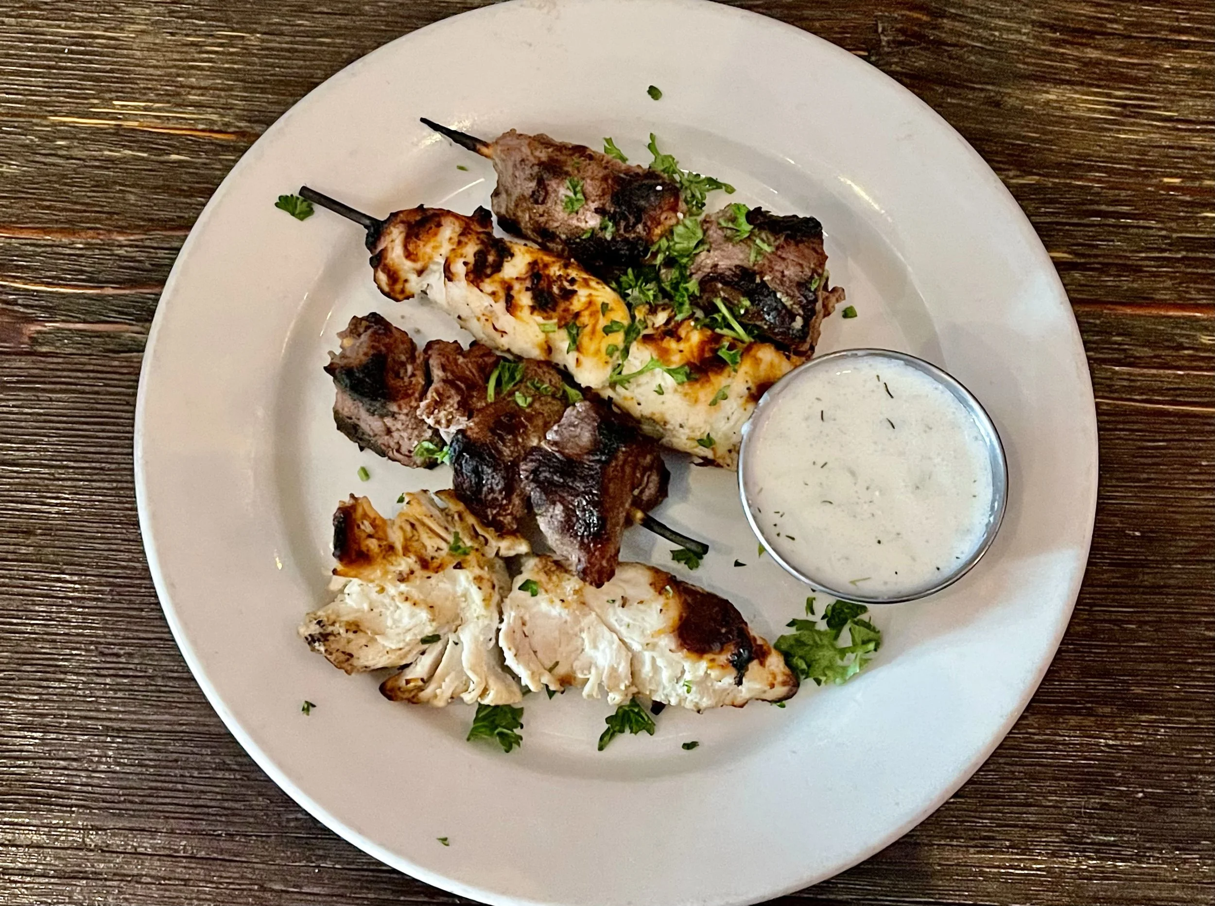 The famous Greek food, Souvlaki, are served on skewers.