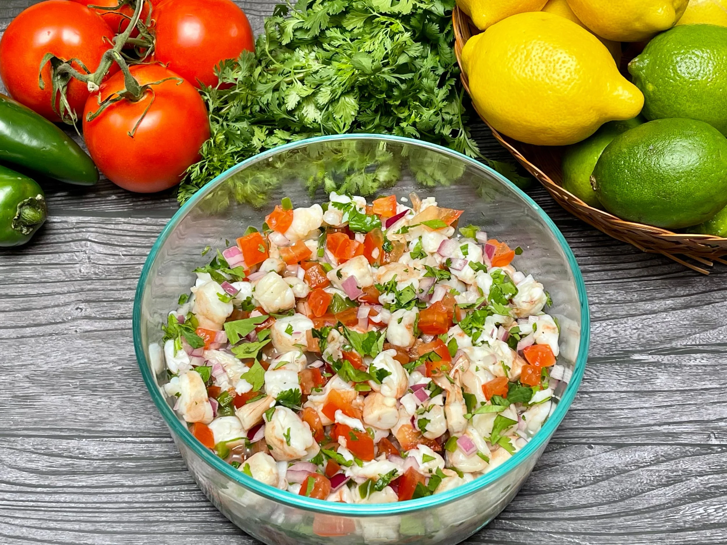 Mexican shrimp ceviche with excess liquid drained