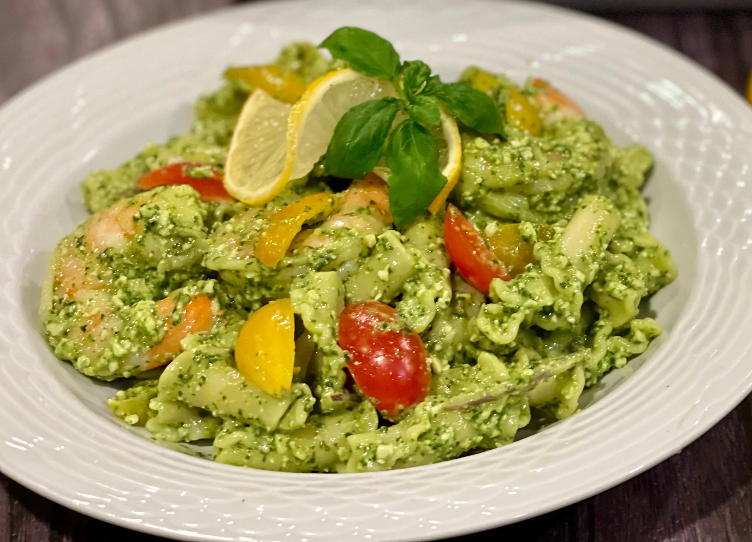 Bowl of Peasto Pasta Salad with Shrimp