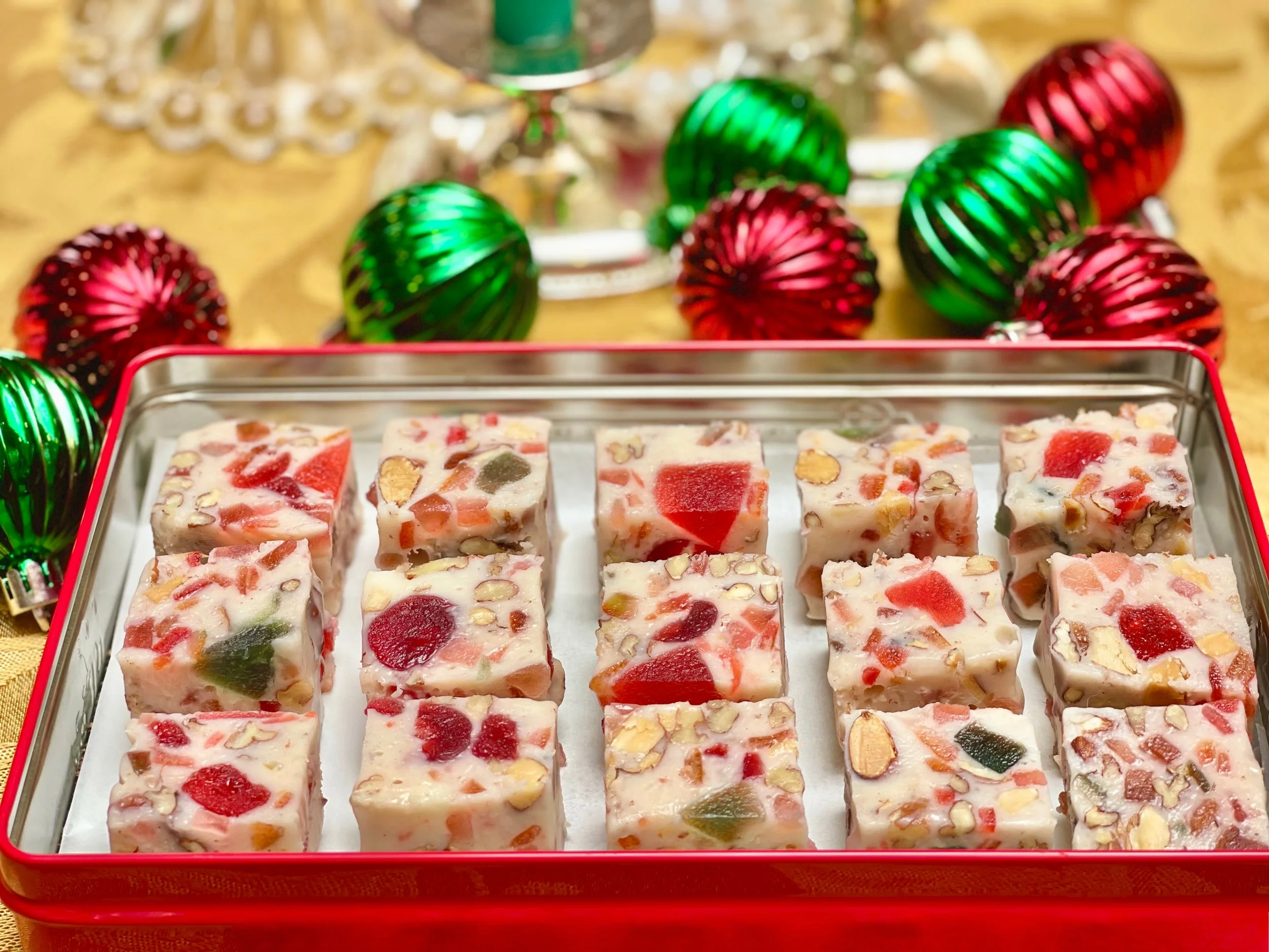 Fruitcake Fudge in gift tin