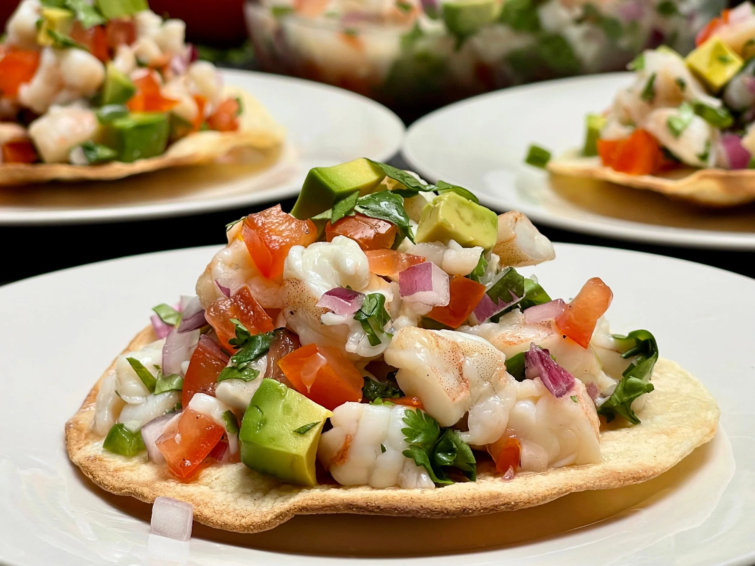 Shrimp cheviche tostada