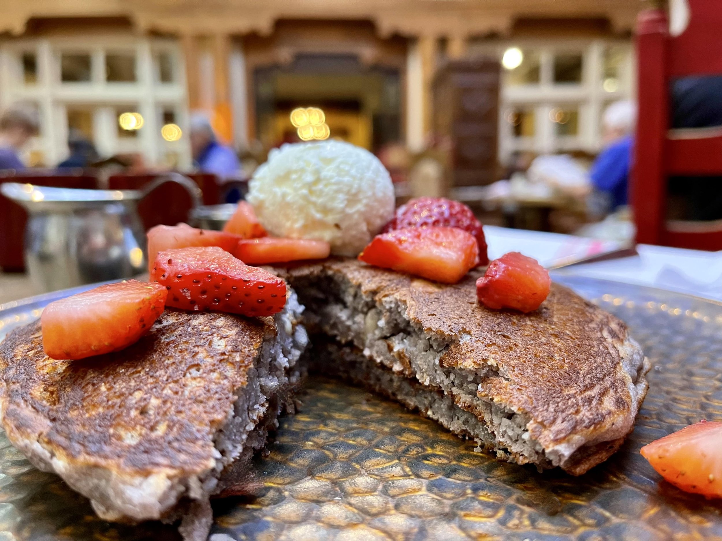 A plate of delicious Blue Corn Pancakes from La Plazuela