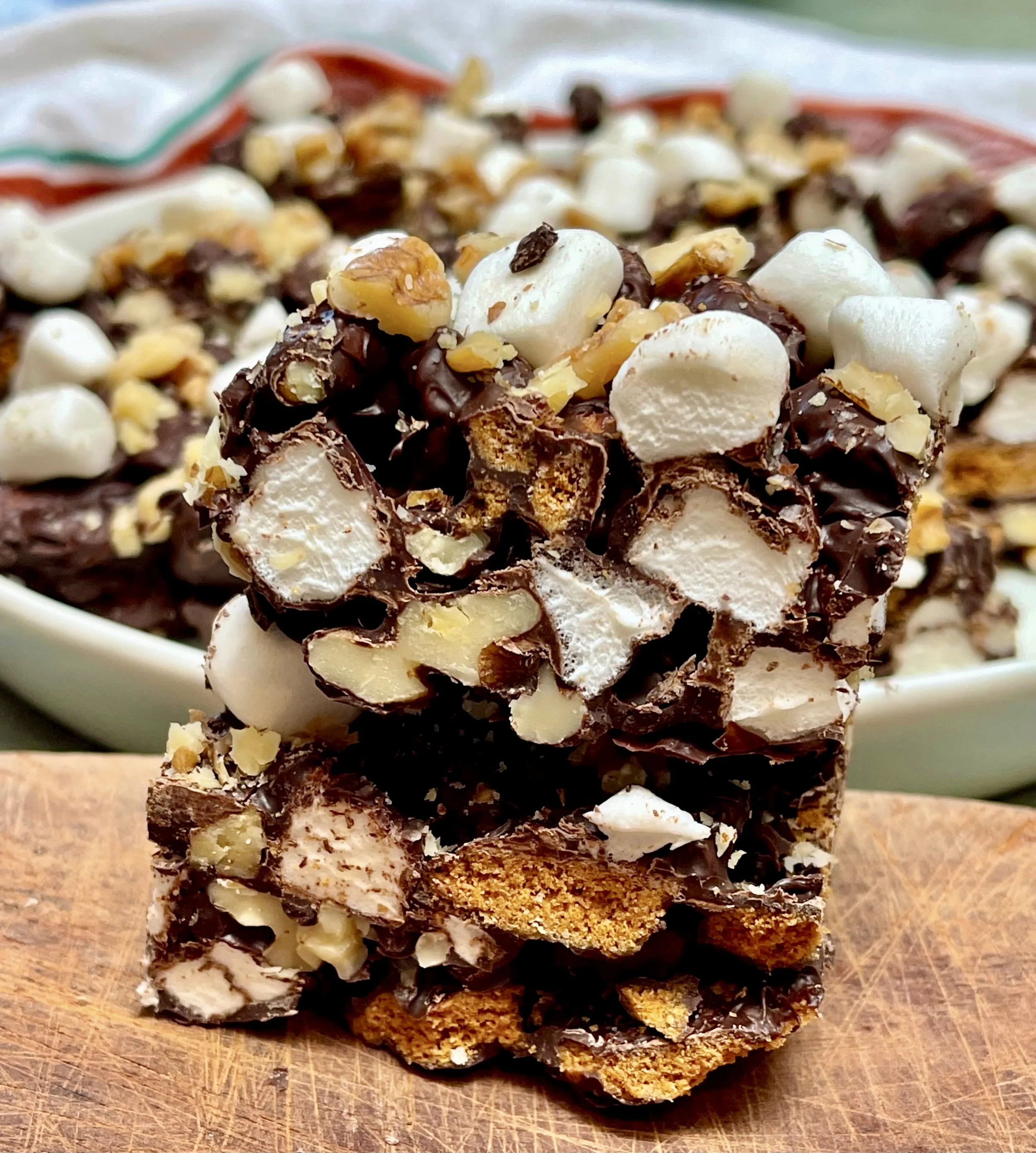 Rocky Road pieces on a plate with 2 pieces in front