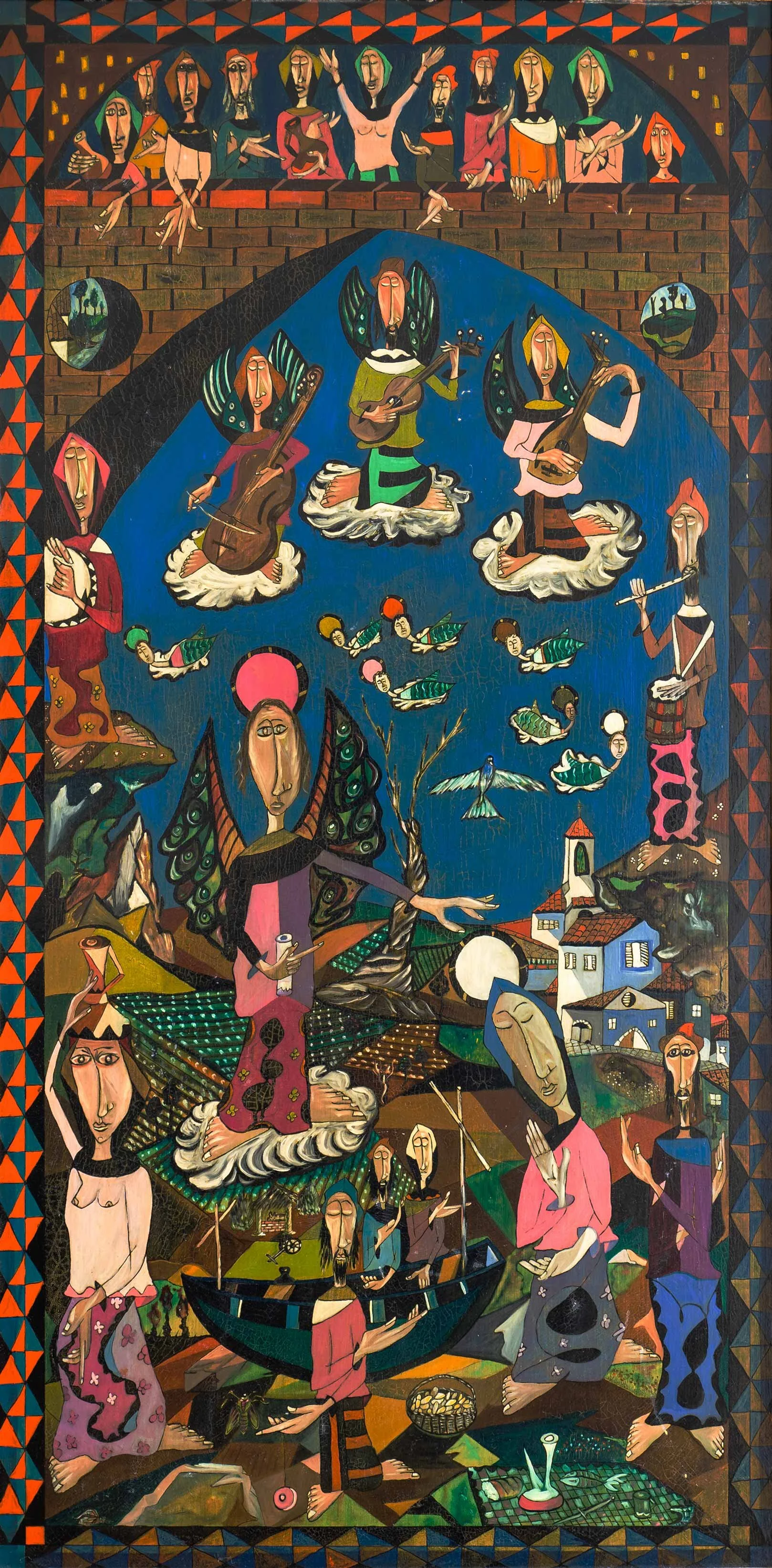 Musicians I, 1968, Oil on wood, 50"x26" framed