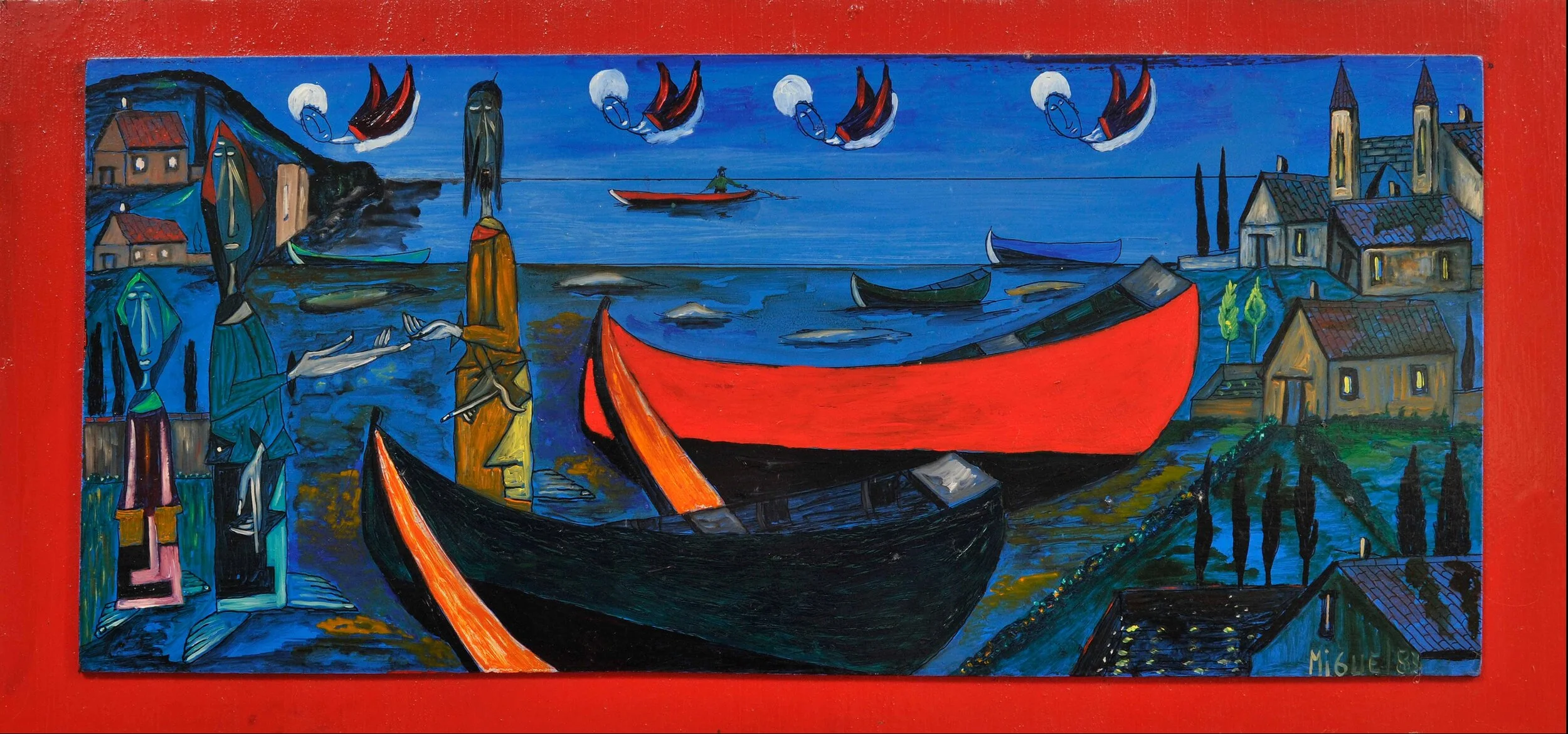 The Red Boat and the Green Boat II, 1988, Oil on masonite on wood, 12"x27"