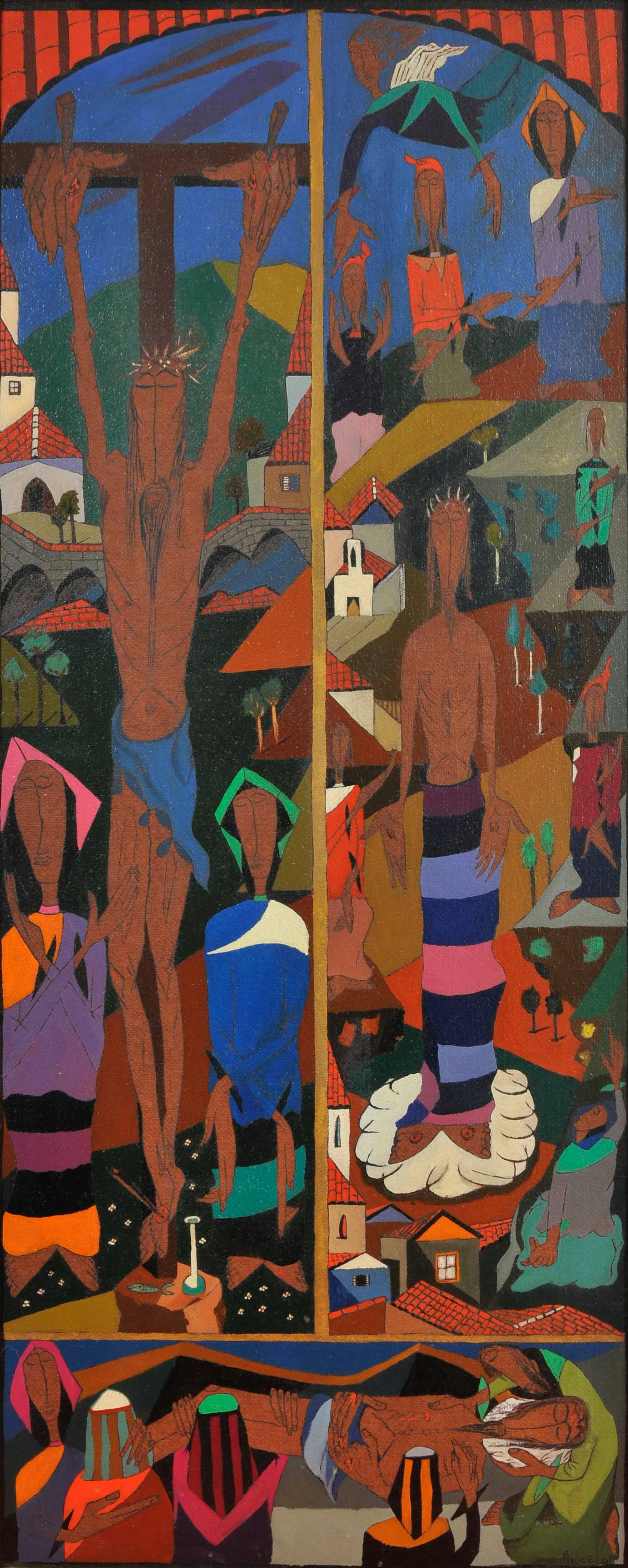 Crucifixion I, 1961, Oil on wood or masonite, 48"x15" framed