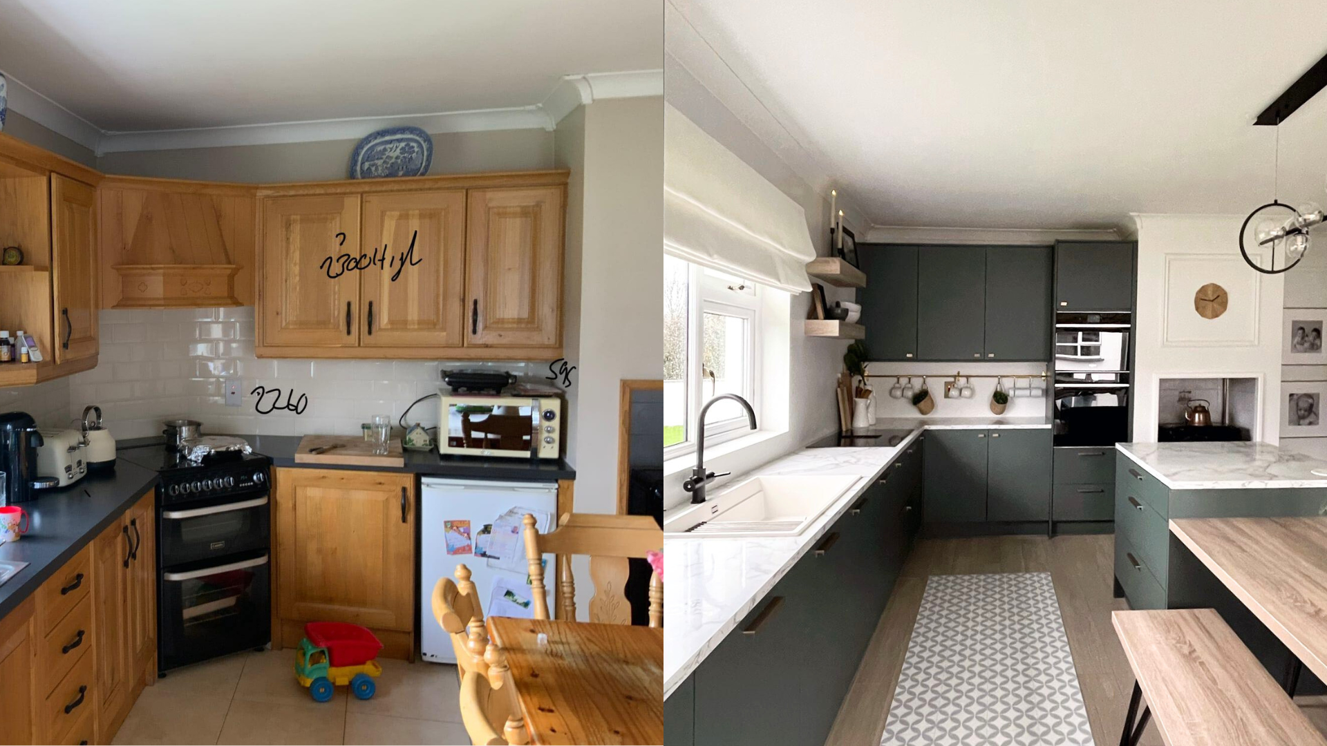 Comparison of two kitchens, one with wooden cabinets and a black stove, the other with gray cabinets, white countertops, and minimal decor.