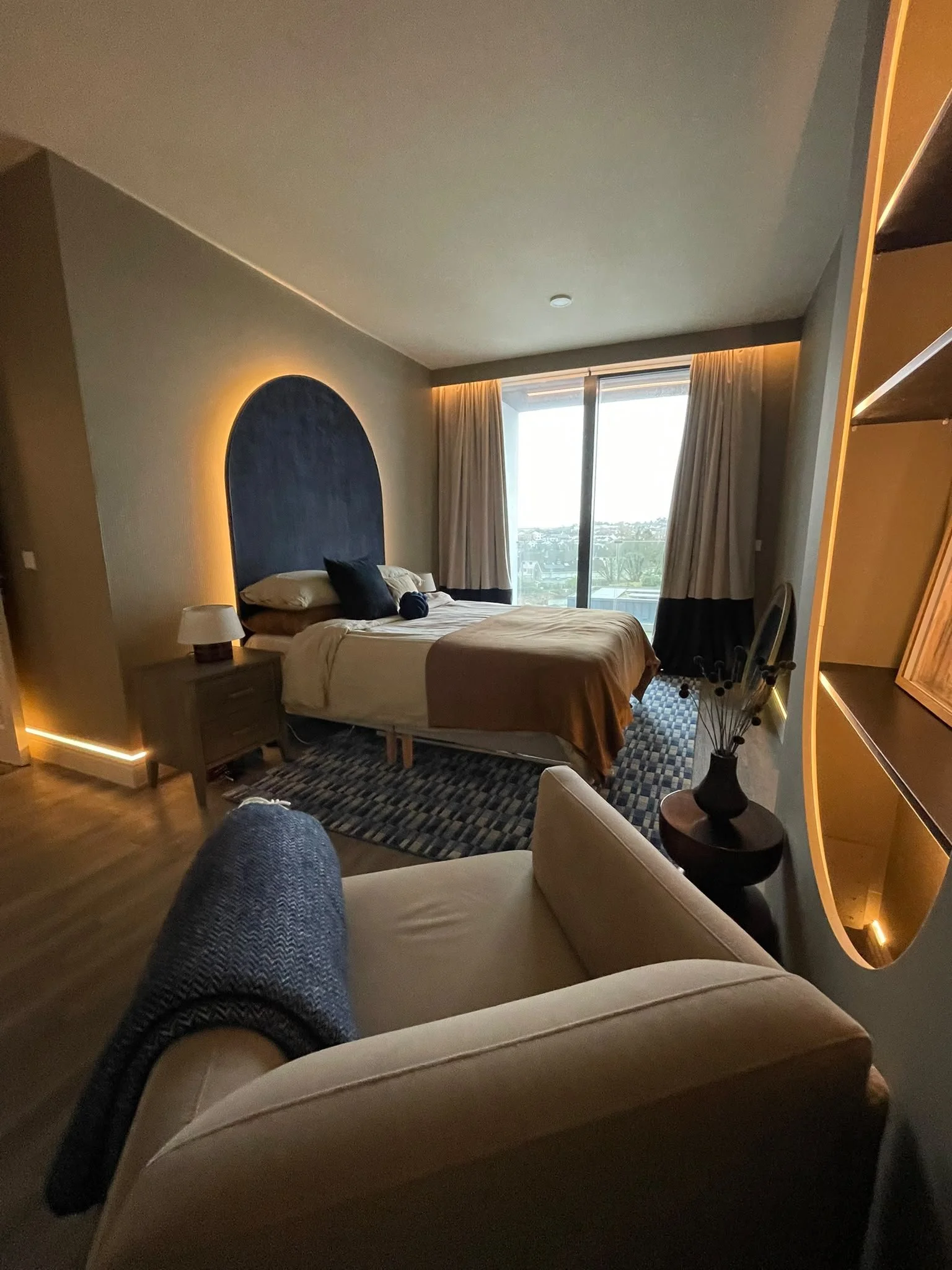 Ambient lighting in a bedroom, luxurious modern interior design
