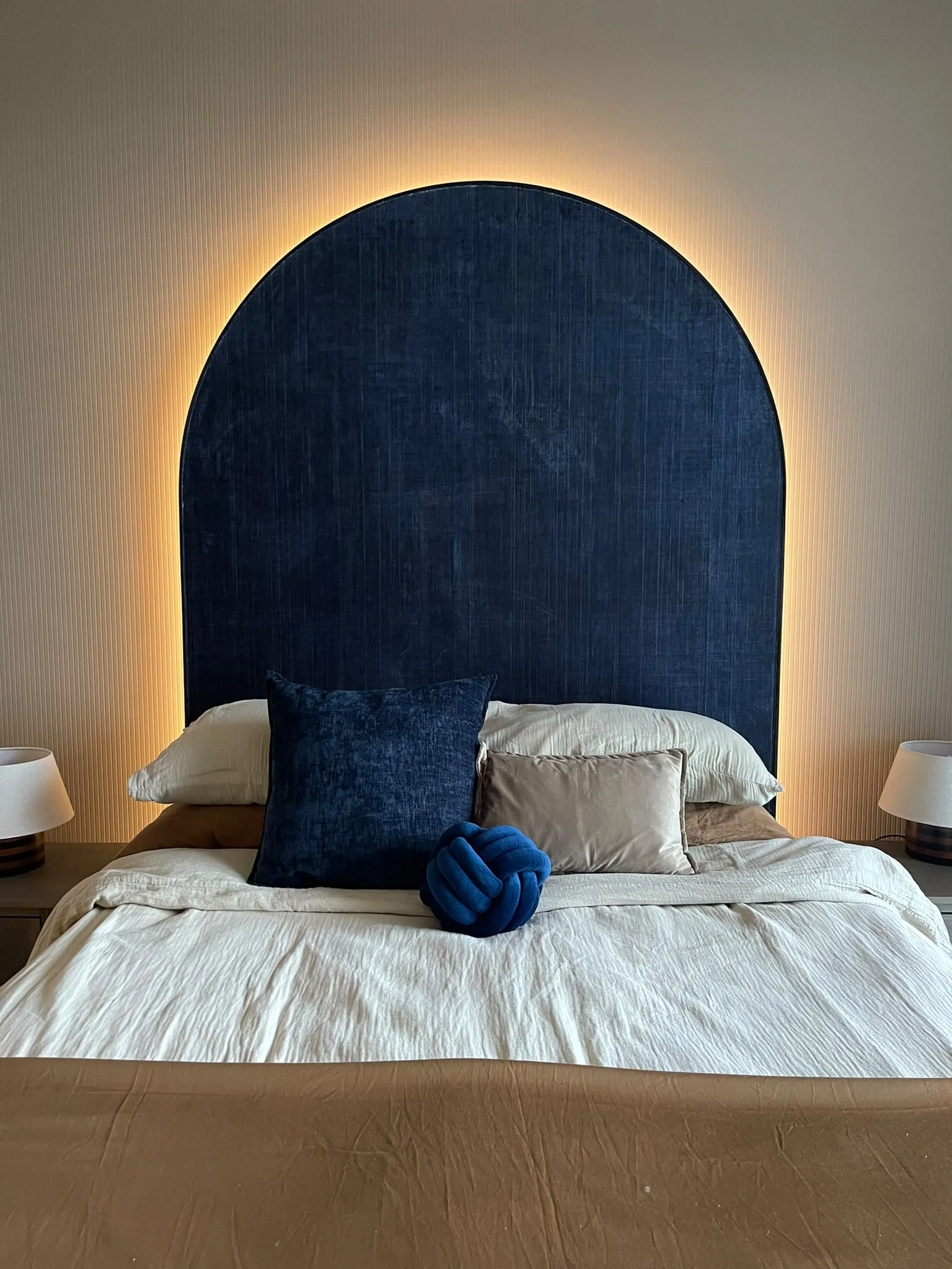 Master bedroom, bespoke wall panelling, luxurious apartment in Galway, Ireland