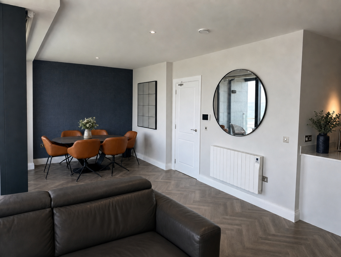 Navy wall, tan leather chairs, seaside view, modern apartment, Galway, Ireland
