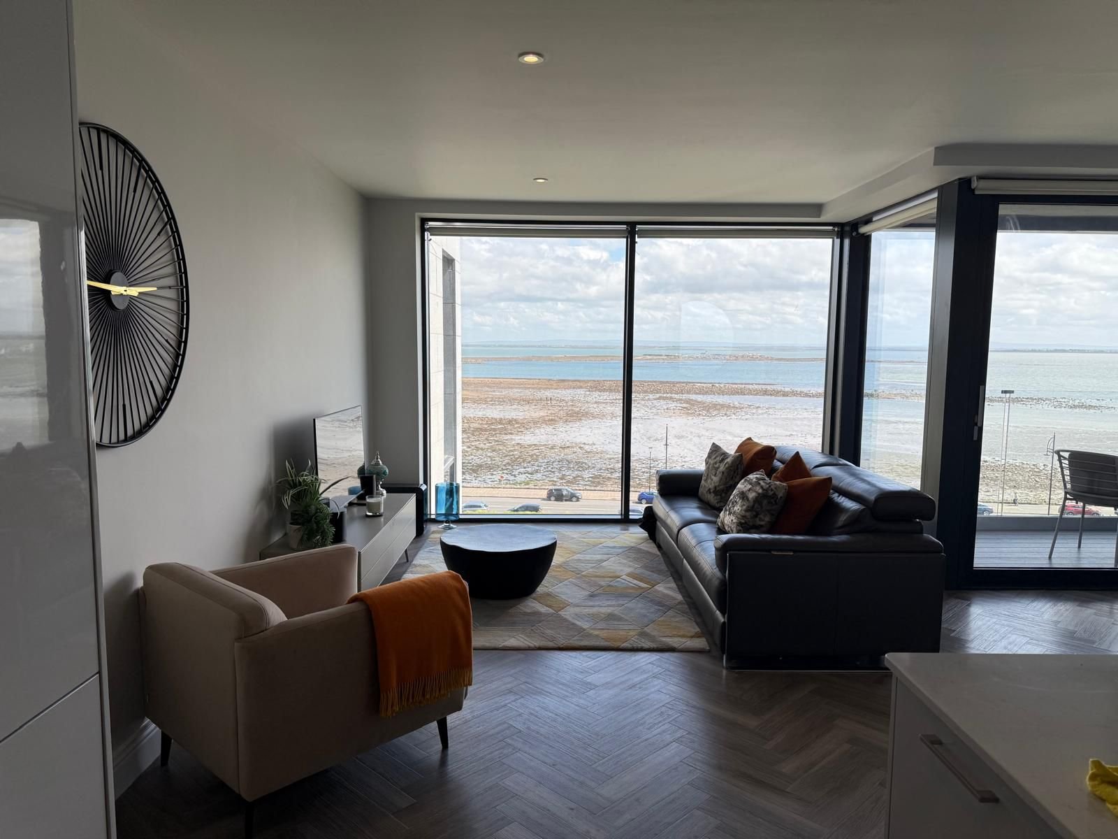modern living area, seaside view, apartment