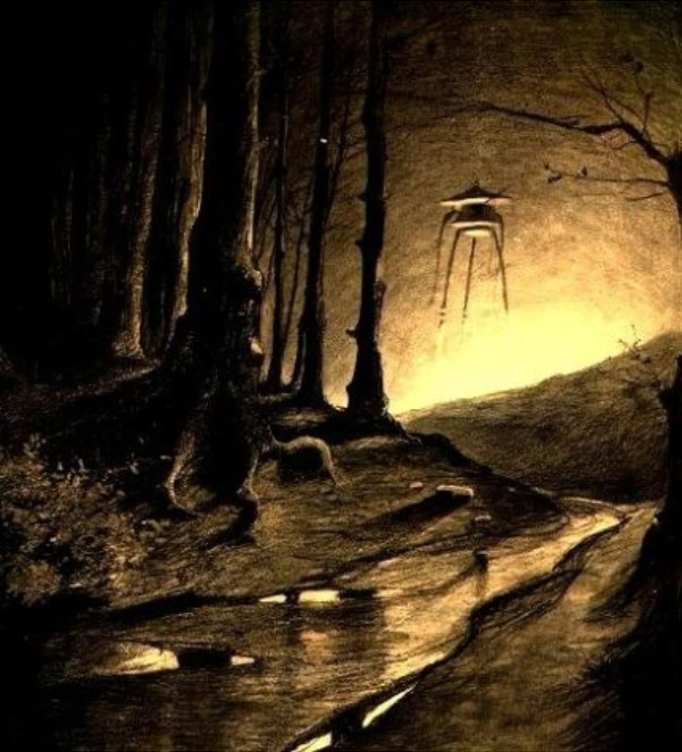 Sepia illustration of a Martian tripod from the 1906 edition of The War of the Worlds