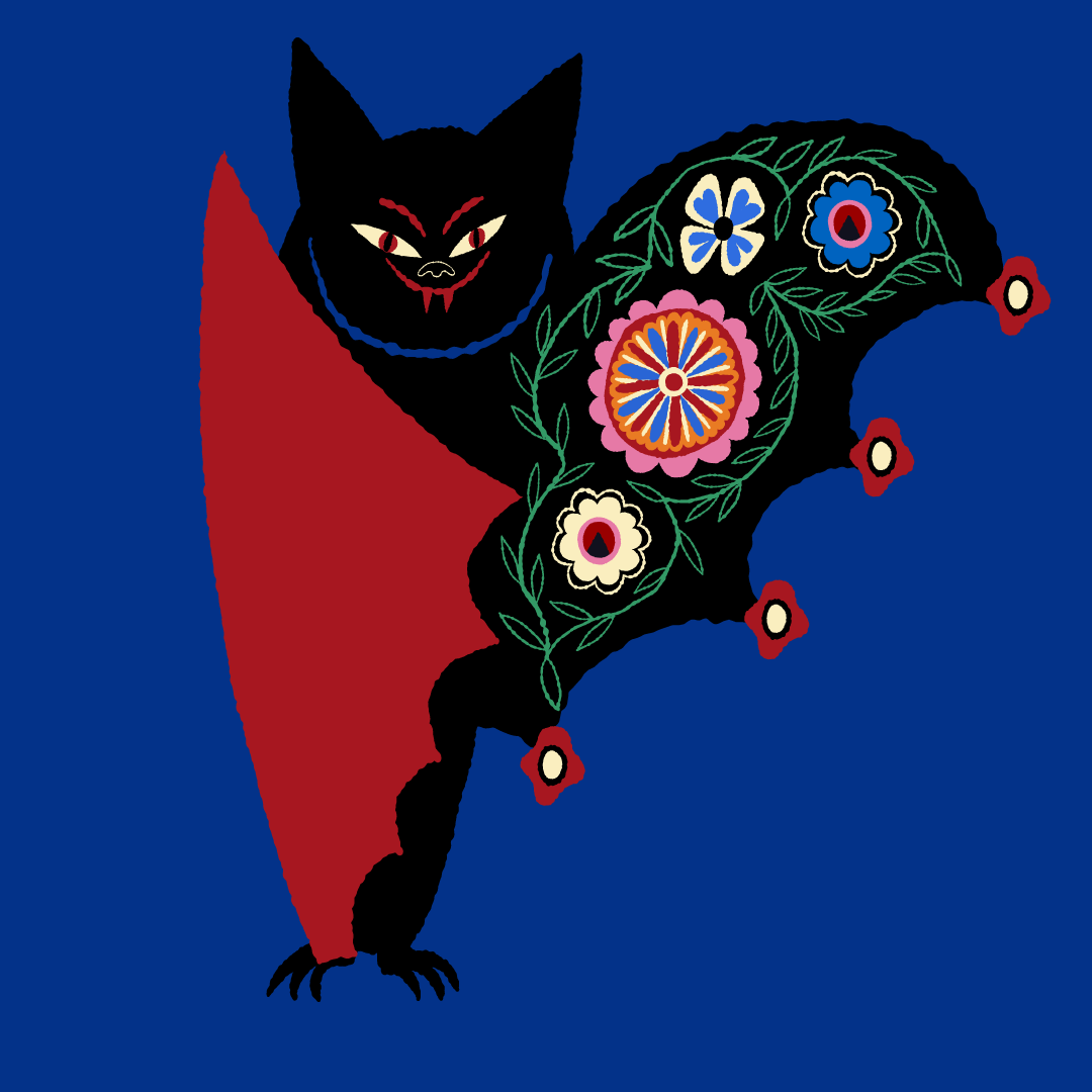 Folk-art illustration of a black Dracula bat with a red cape on a blue background.