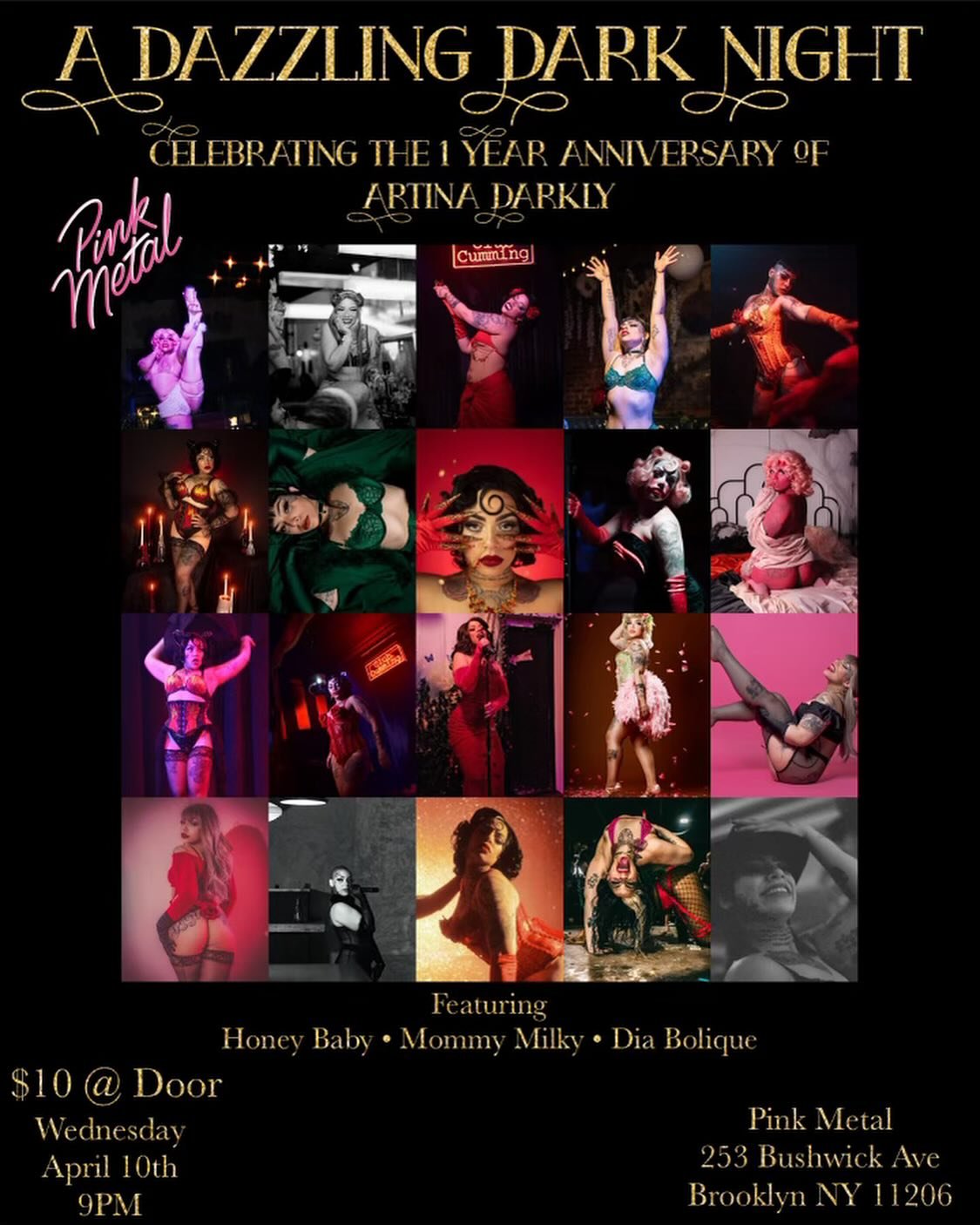 A DAZZLING DARK NIGHT 🌙✨ a burlesque soir&eacute;e celebrating the one year anniversary of @artinadarkly 🖤tonight at 9PM featuring @wantmilkynowmommy @honeybabynyc &amp; @dia.bolique.nyc 🔥 $10 cover 9- midnight &bull; tips encouraged and appreciat