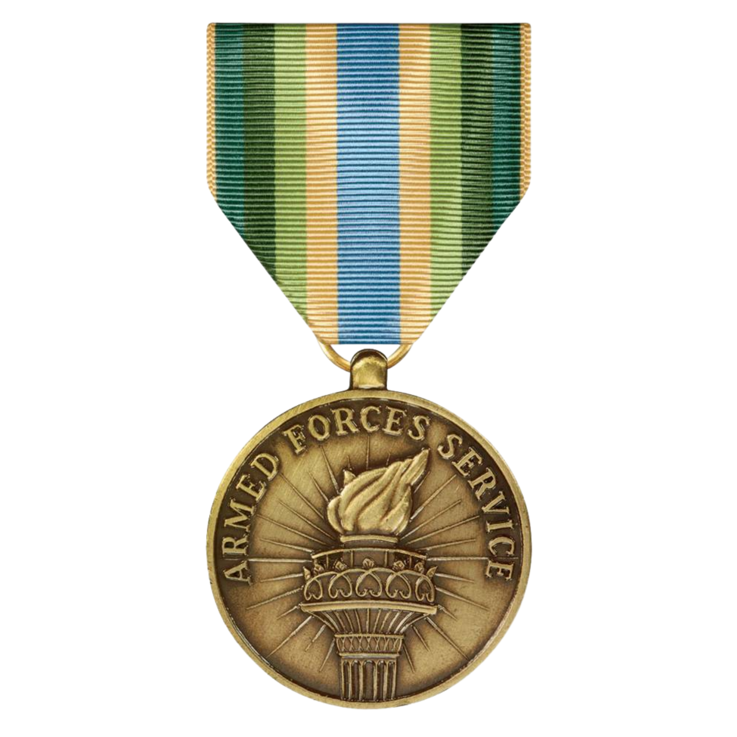 Bronze medal with the inscription "ARMED FORCES SERVICE" and an image of a torch with a flame, attached to a striped ribbon in blue, green, beige, and white colors.