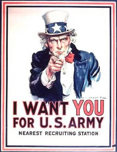 Uncle Sam recruitment poster with the text "I Want You for U.S. Army, Nearest Recruiting Station."