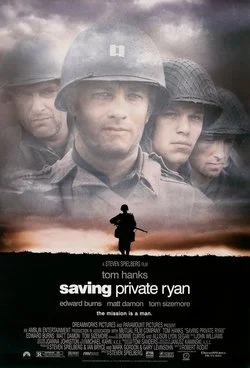 Movie poster for 'Saving Private Ryan' featuring soldiers in helmets with a silhouette of a soldier in the foreground and cast names, including Tom Hanks and Matt Damon.
