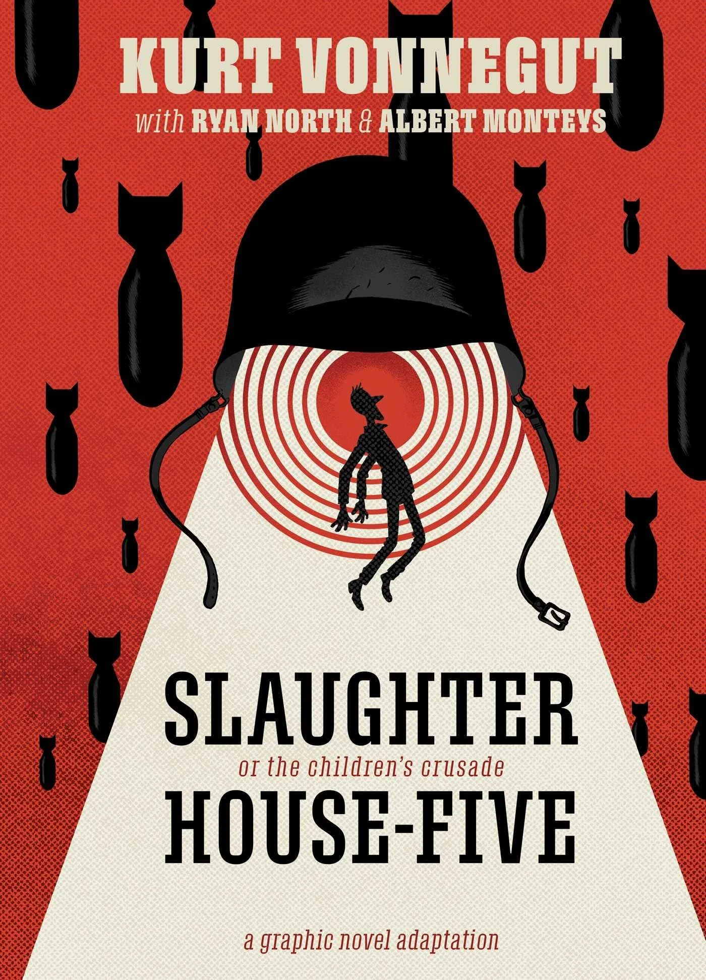 Graphic novel cover of "Slaughterhouse-Five" by Kurt Vonnegut, featuring silhouettes of bombs and a helmet spotlighting a figure with concentric circles.