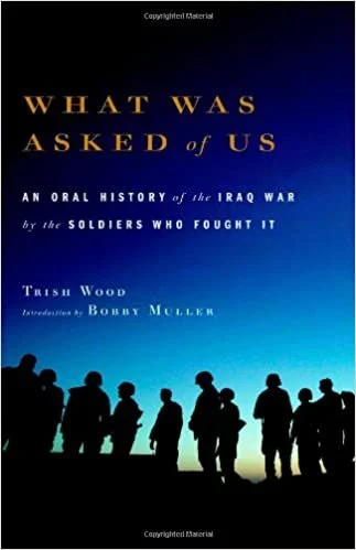 Book cover titled 'What Was Asked of Us' with silhouettes of soldiers against a dusk sky.