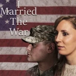 A couple standing in front of an American flag, with text that reads 'Married The War'.
