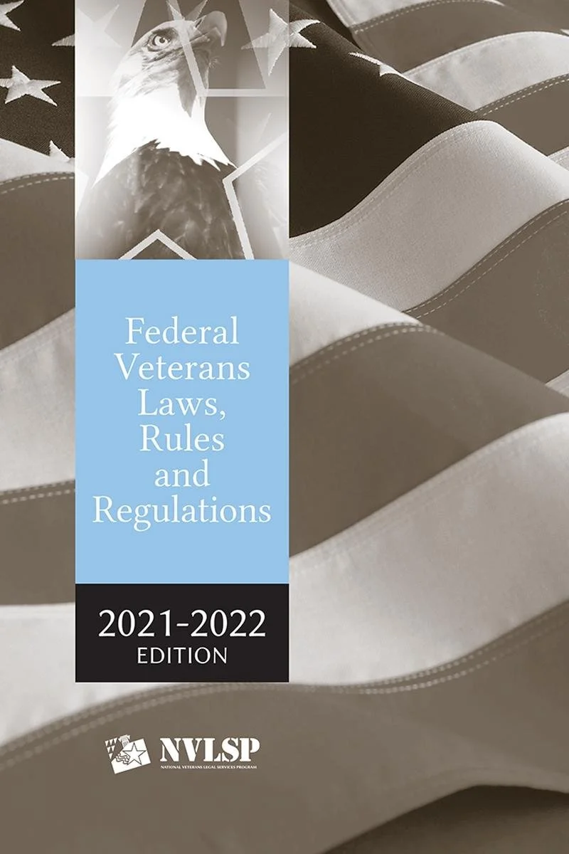 A book cover titled 'Federal Veterans Laws, Rules and Regulations 2021-2022 Edition' with a background of an American flag featuring a bald eagle in the top left corner.