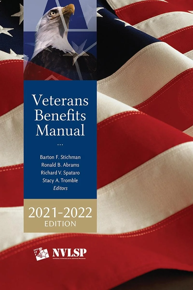 Cover of the "Veterans Benefits Manual" 2021-2022 edition featuring the American flag, a bald eagle, and editors' names.